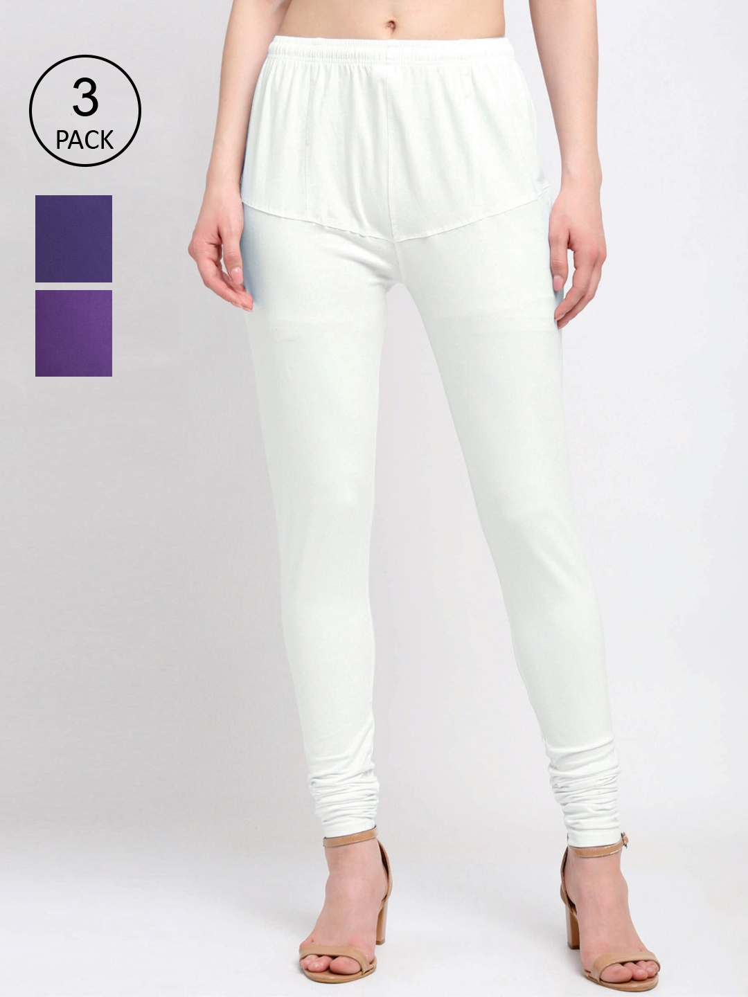 KLOTTHE Women Pack Of 3 Solid Cotton Churidar-Length Leggings, White
