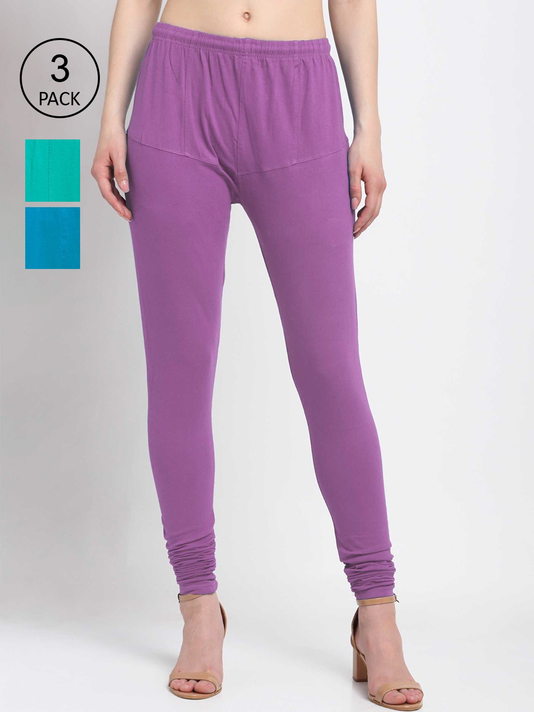 KLOTTHE Women Pack Of 3 Solid Cotton Churidar-Length Leggings, Violet