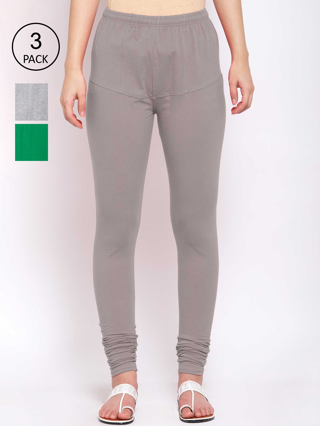 KLOTTHE Women Pack Of 3 Solid Cotton Churidar-Length Leggings, Grey