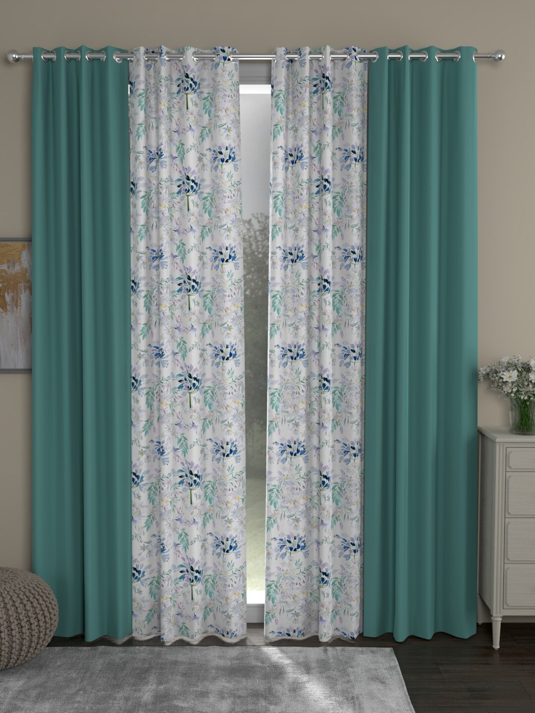 ROSARA HOME Sea Green & White Set of 4 Floral Black Out Long Door Curtain