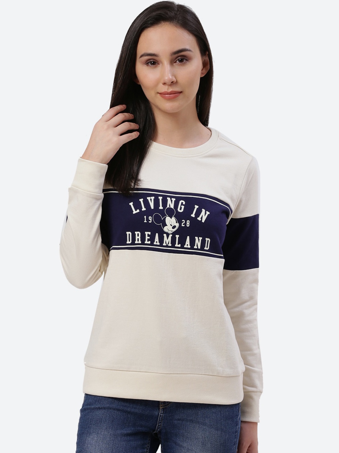 Free Authority Mickey & Friends Featured Women Off White & Navy Blue Printed Sweatshirt
Free Authority Mickey & Friends Featured Women Off White & Navy Blue Printed Sweatshirt