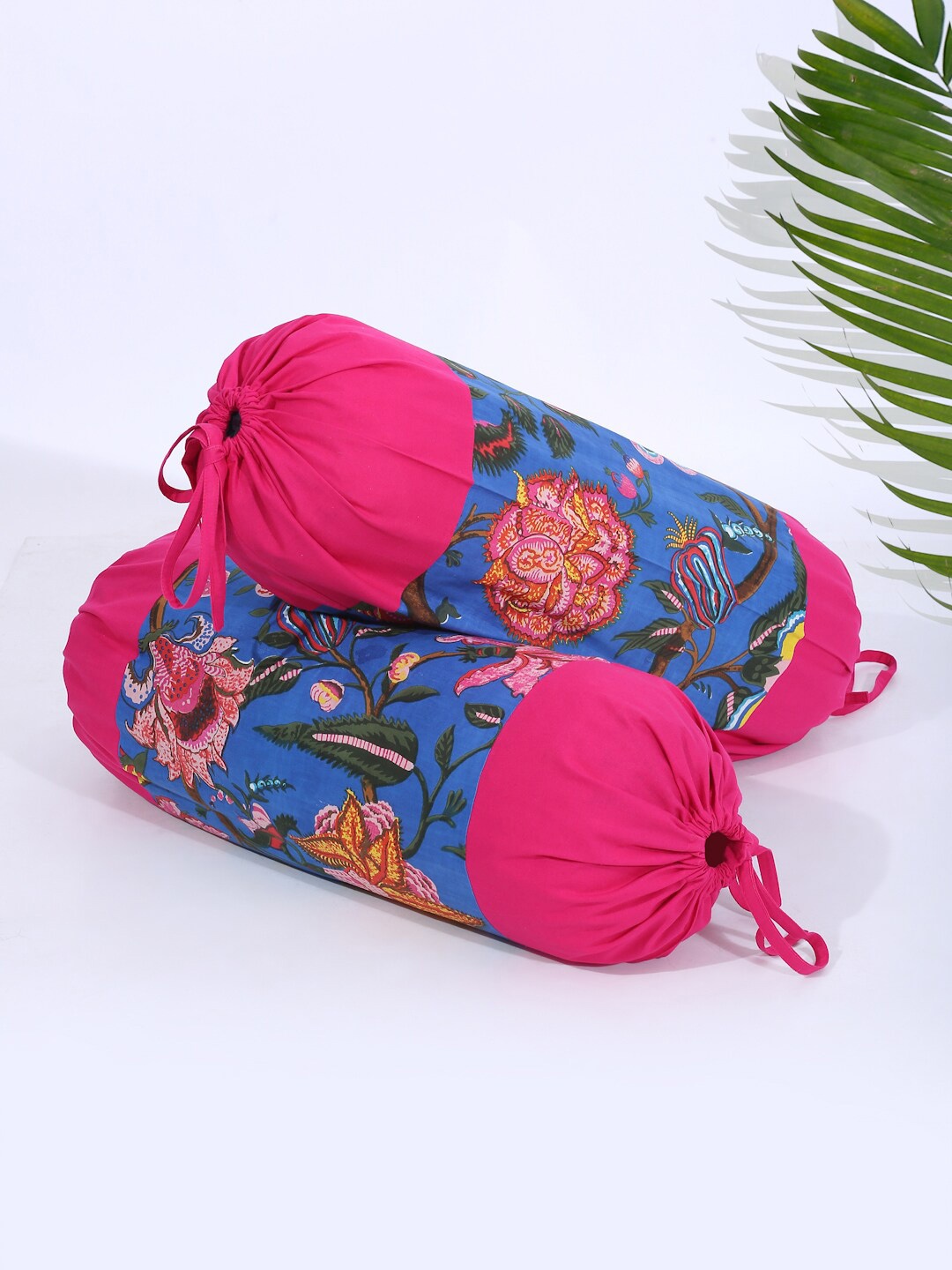 Rajasthan Decor Set Of 2 Pink & Blue Screen Printed Cotton Bolster Covers