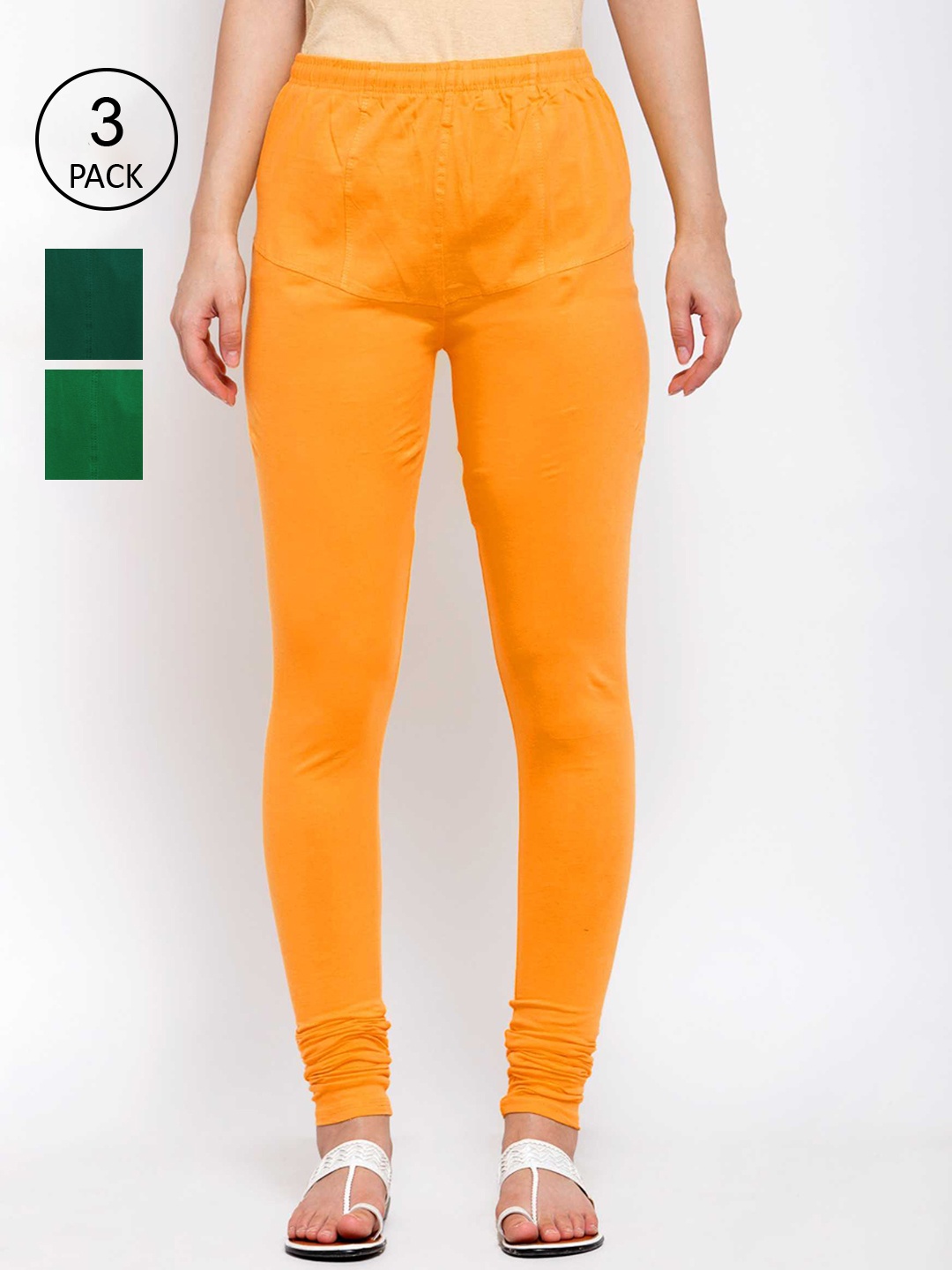 KLOTTHE Women Pack Of 3 Solid Cotton Churidar-Length Leggings, Yellow