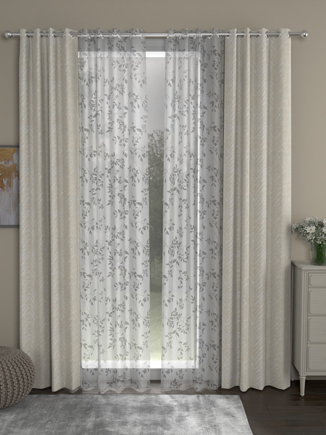 ROSARA HOME Cream-Coloured & White Set of 4 Floral Door Curtain