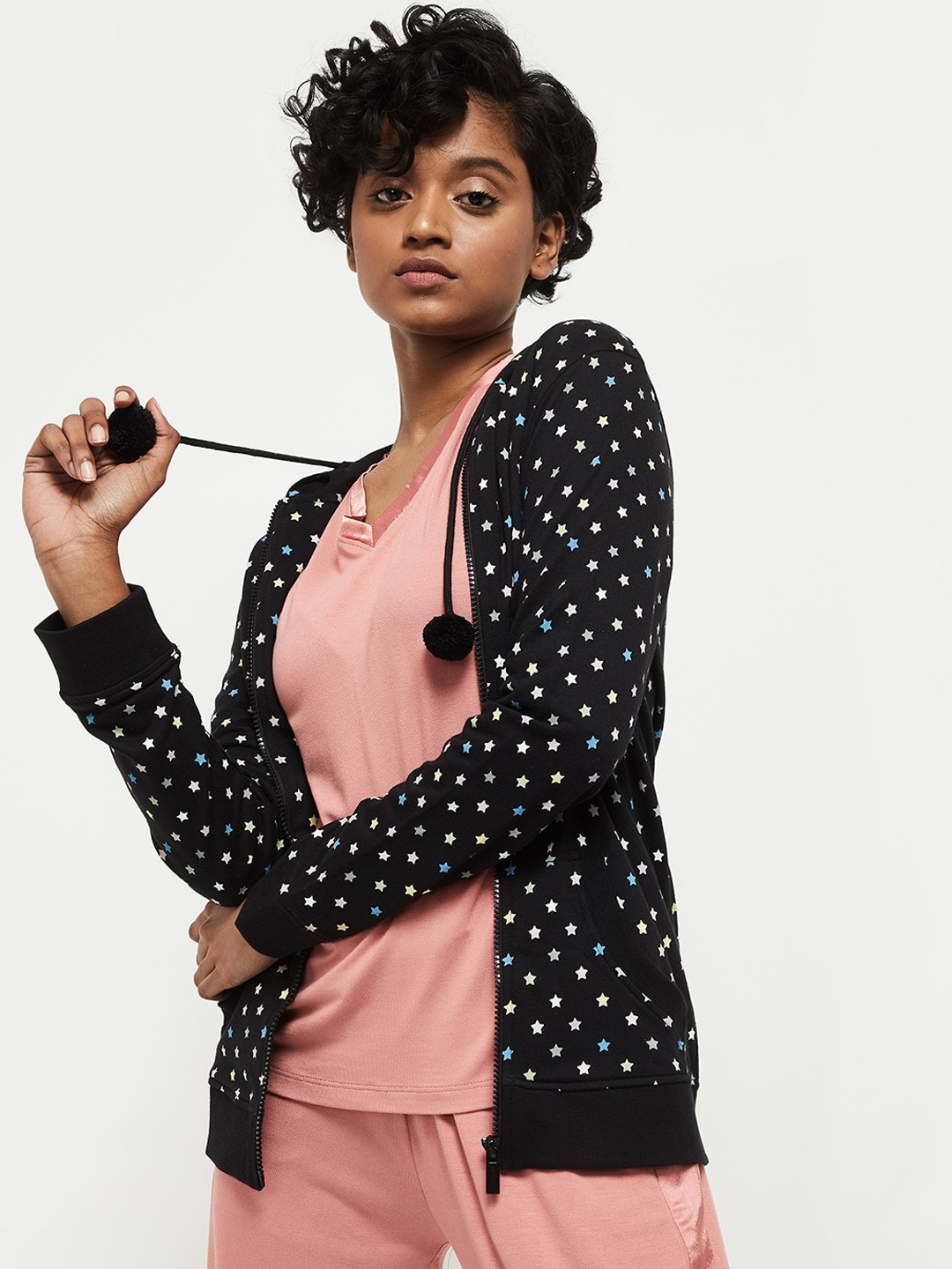 max Women Black Printed Hooded Sweatshirt