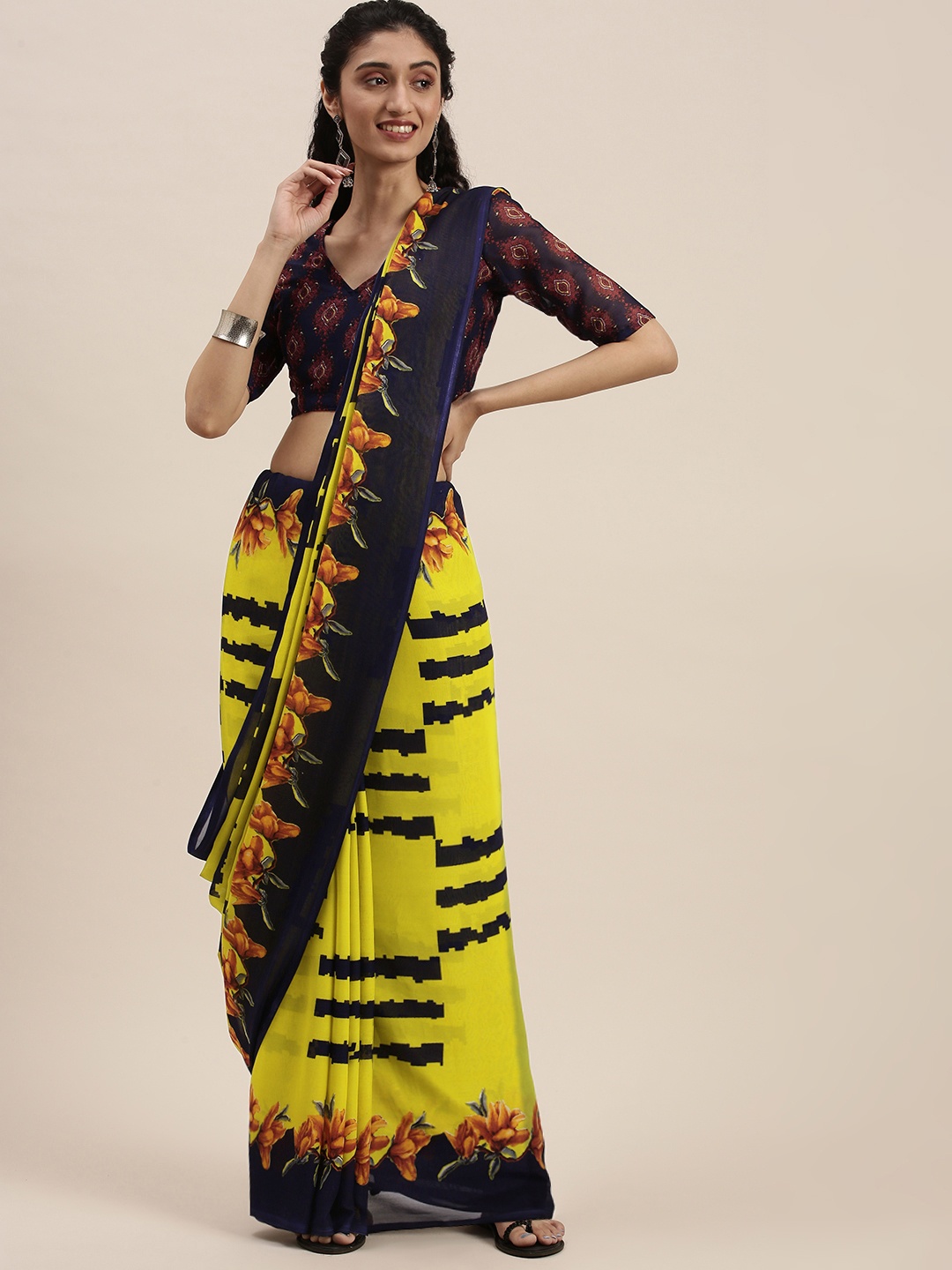 KALINI Yellow & Navy Blue Floral Saree