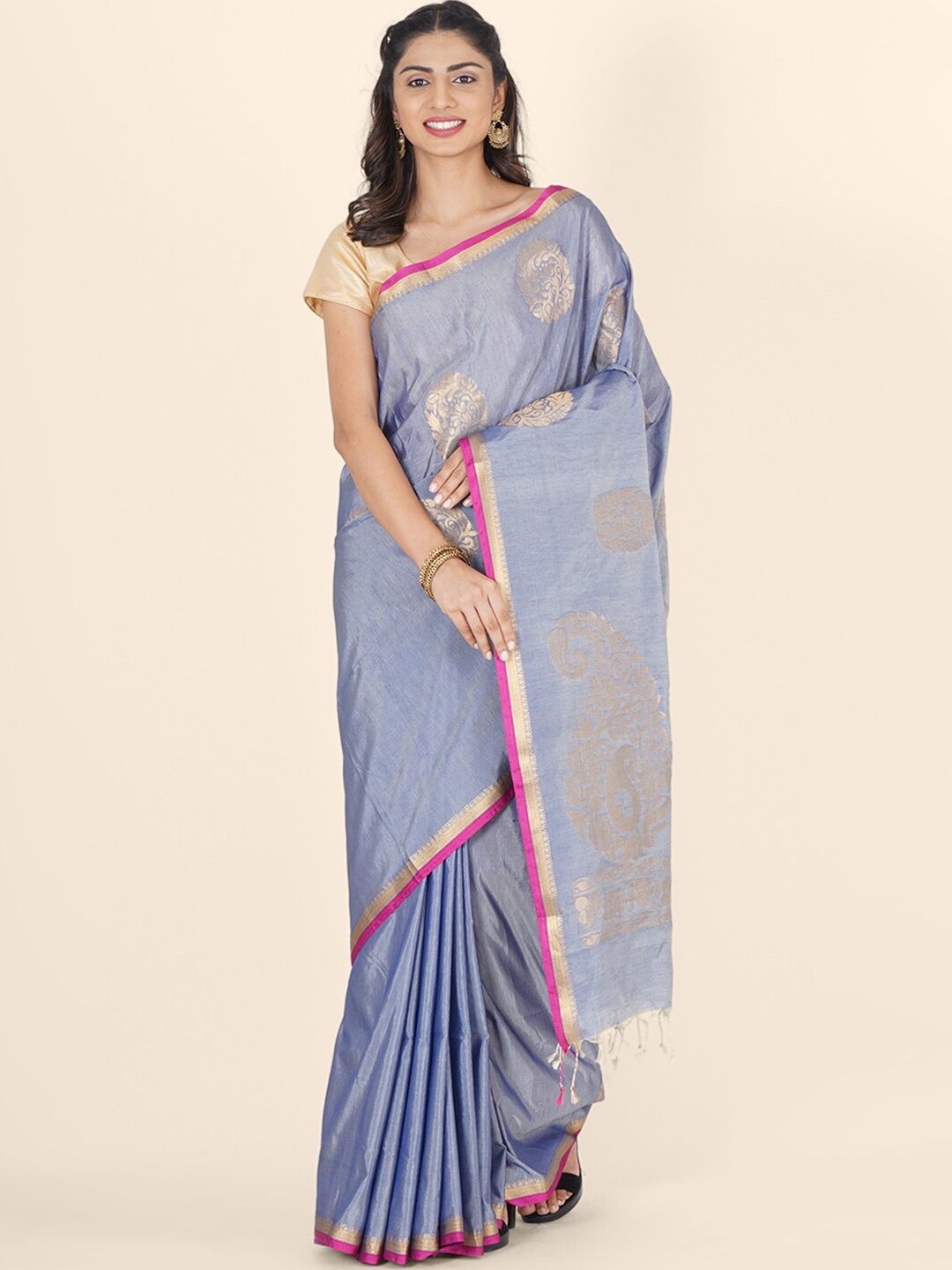 Bangalore Silk Emporium Grey & Gold-Toned Woven Design Zari Art Silk Kanjeevaram Saree