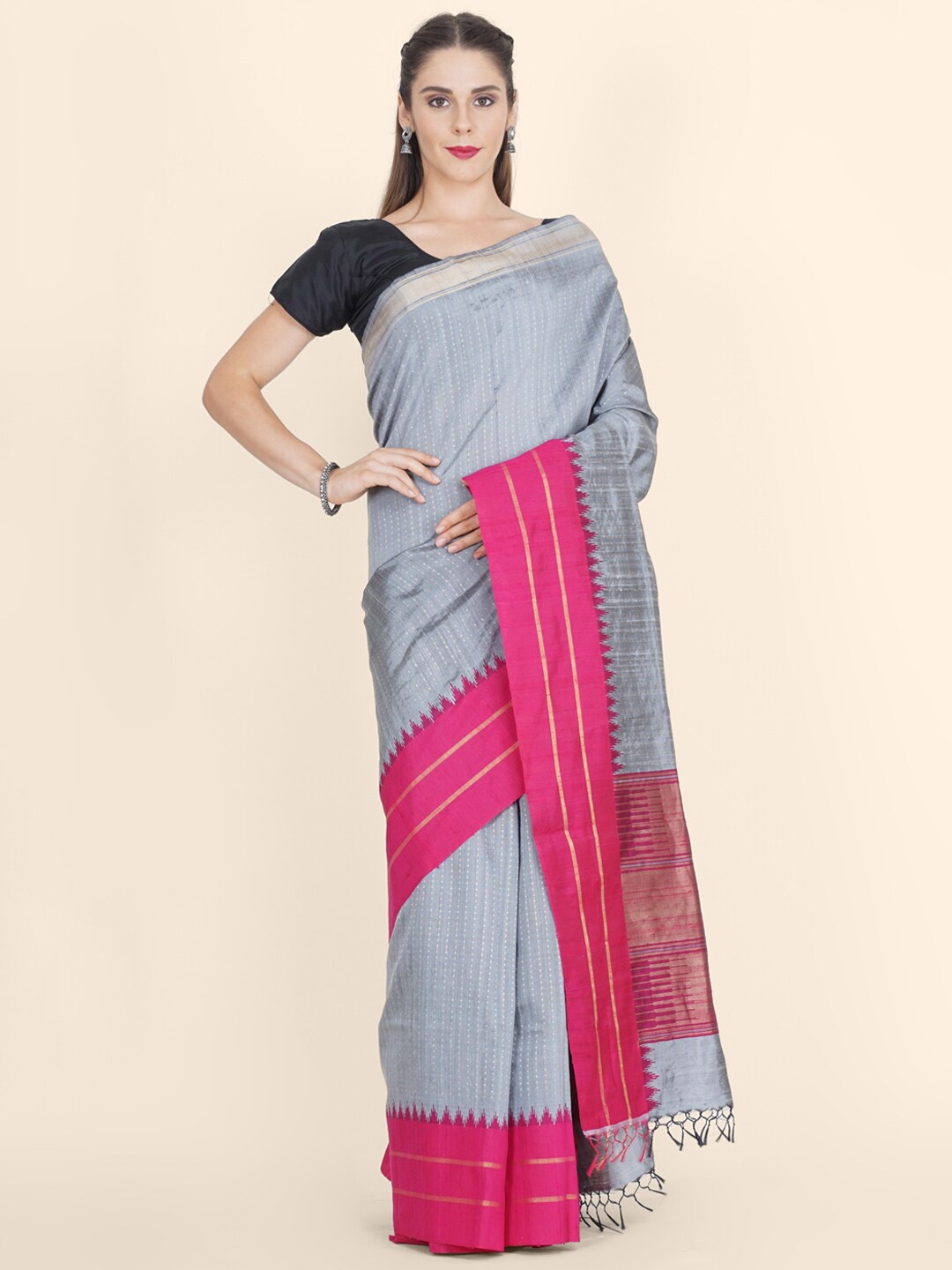 Bangalore Silk Emporium Grey & Pink Woven Design Zari Art Silk Kanjeevaram Saree