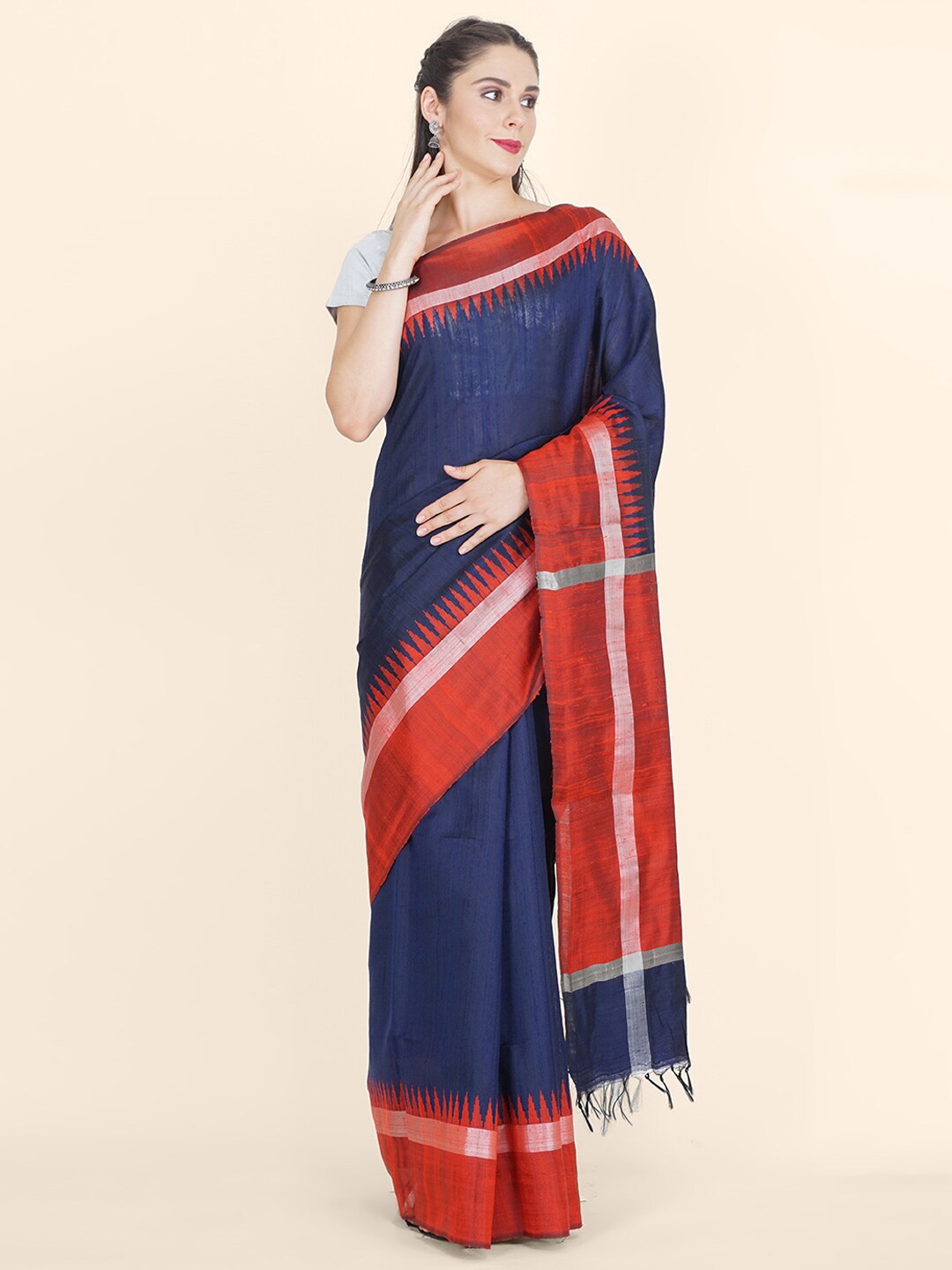 Bangalore Silk Emporium Navy Blue & Red Art Silk Kanjeevaram Saree