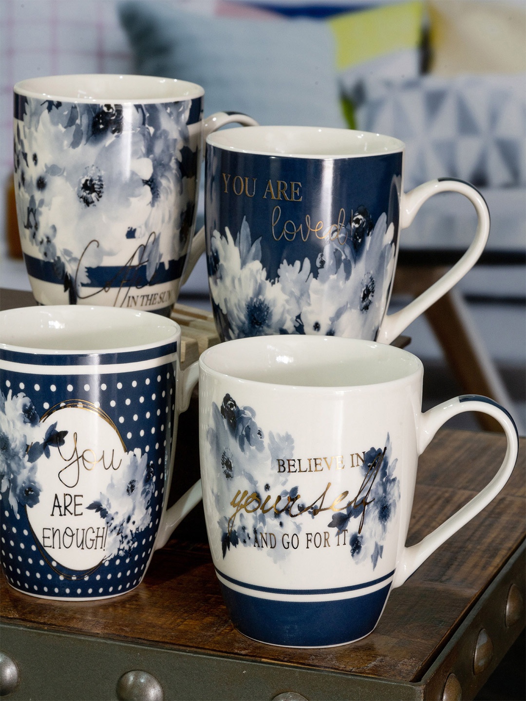 White Gold White & Blue Text or Slogans Printed 4-Pieces Porcelain Glossy Coffee Mugs Set
White Gold White & Blue Text or Slogans Printed 4-Pieces Porcelain Glossy Coffee Mugs Set