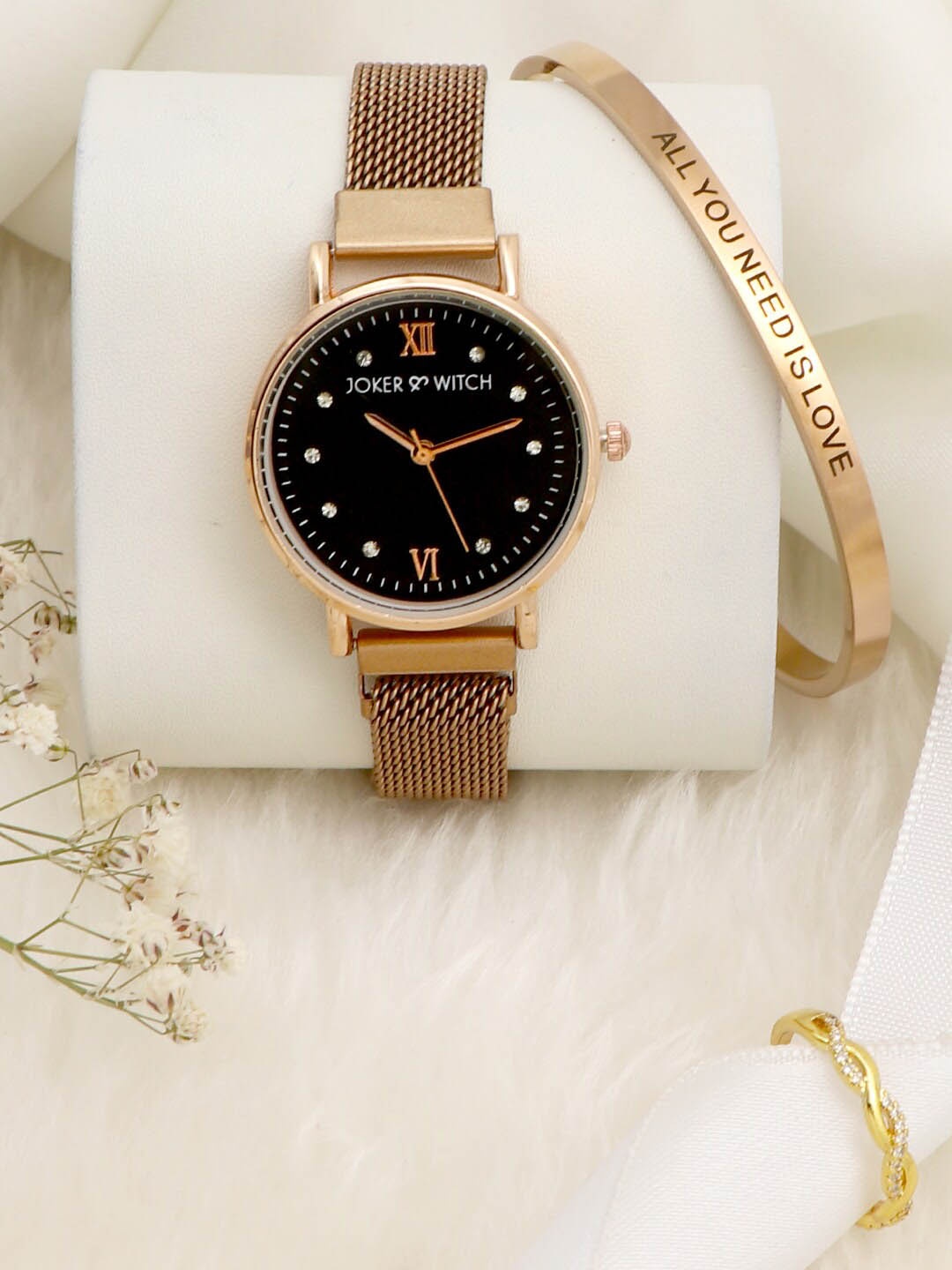 JOKER & WITCH Women Black & Gold-Toned Watch With Bracelet & Ring Gift Set JWLT380
JOKER & WITCH Women Black & Gold-Toned Watch With Bracelet & Ring Gift Set JWLT380