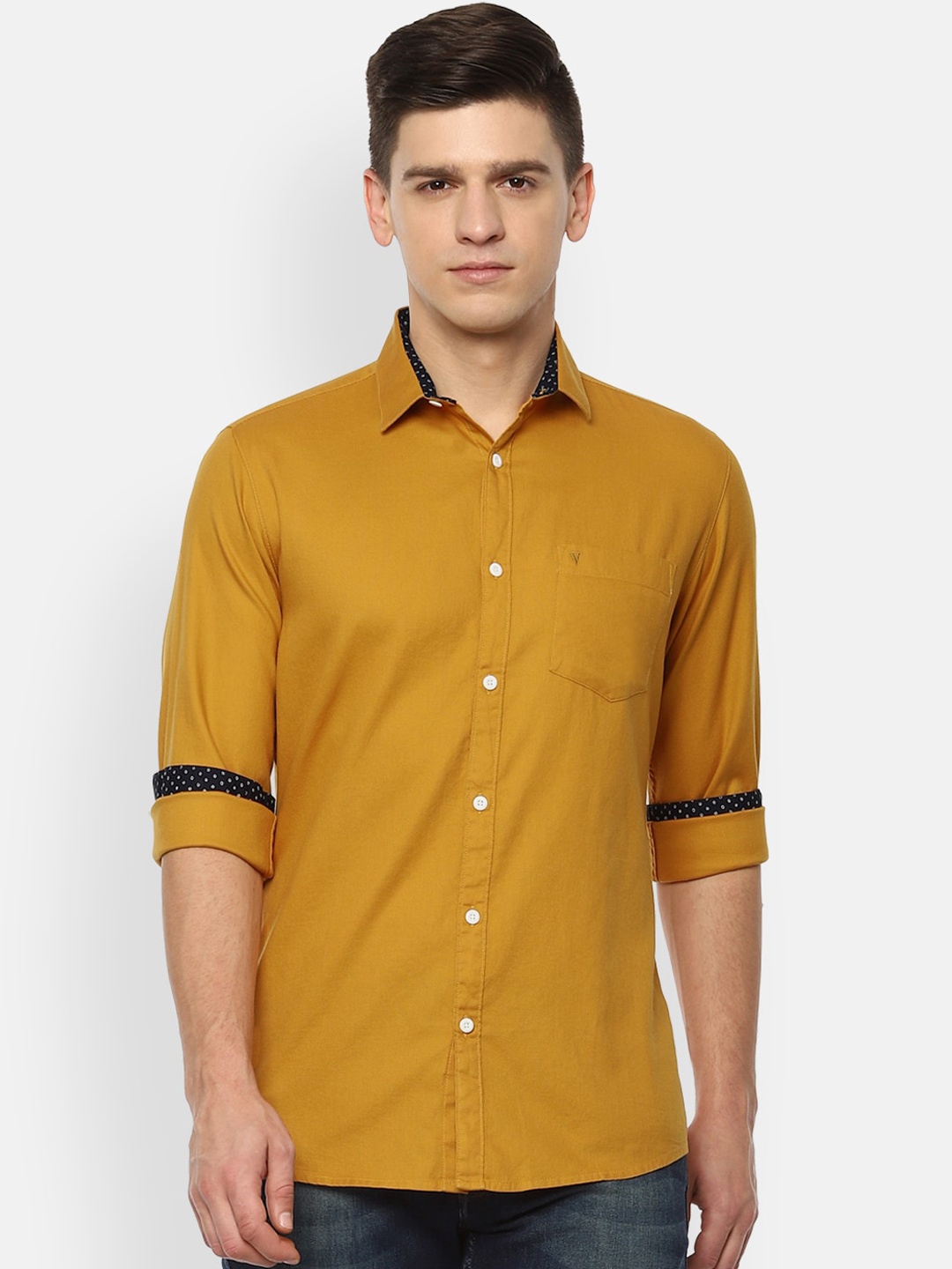 Van Heusen Sport Men Mustard Yellow Slim Fit Opaque Pure Cotton Casual Shirt