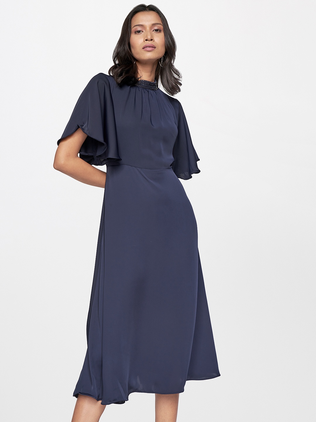AND Women Navy Blue Solid A-Line Dress