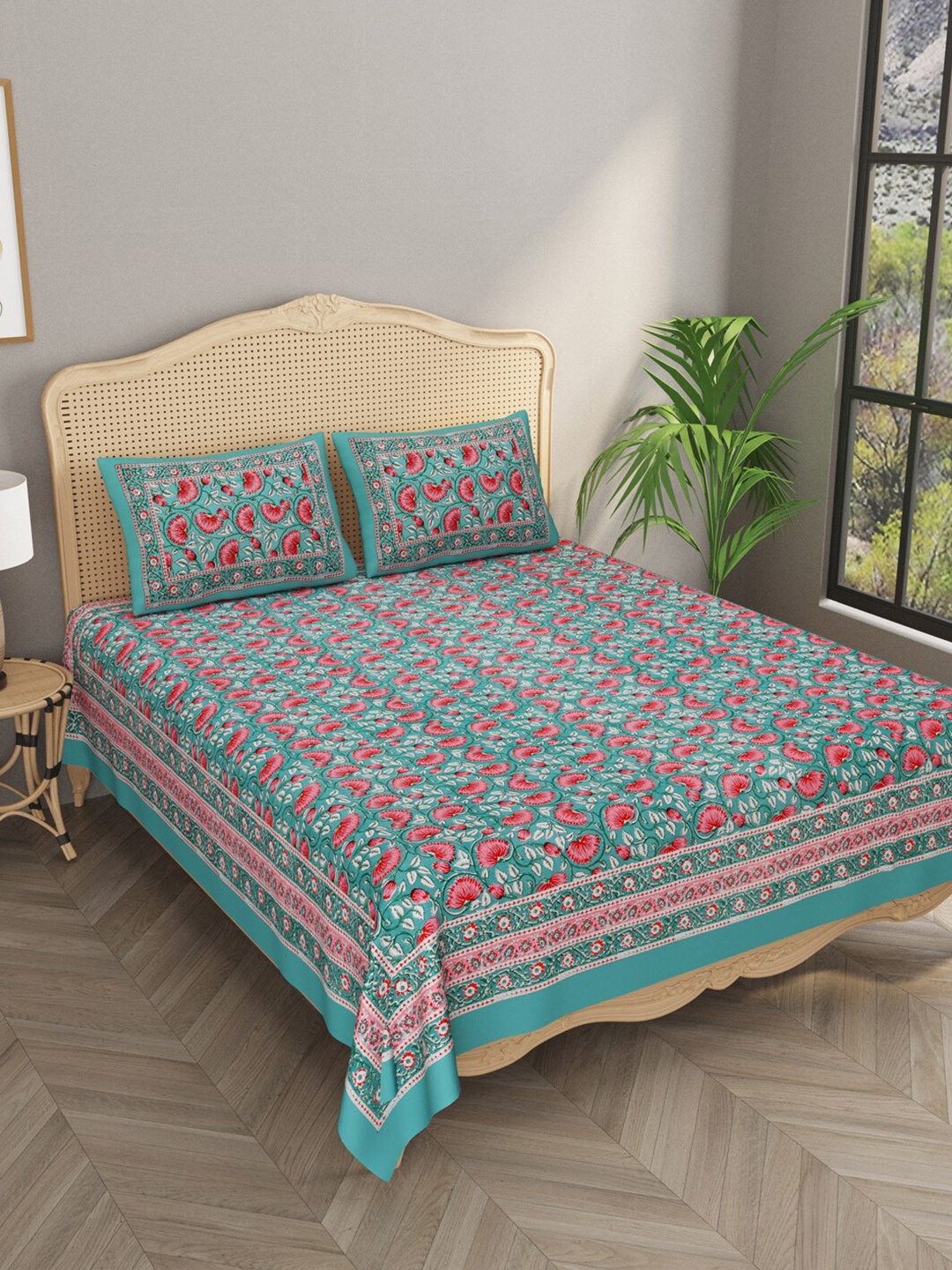 Gulaab Jaipur Green & Pink Floral Handblock Printed 600 TC King Bedsheet with 2 Pillow Covers
Gulaab Jaipur Green & Pink Floral Handblock Printed 600 TC King Bedsheet with 2 Pillow Covers
