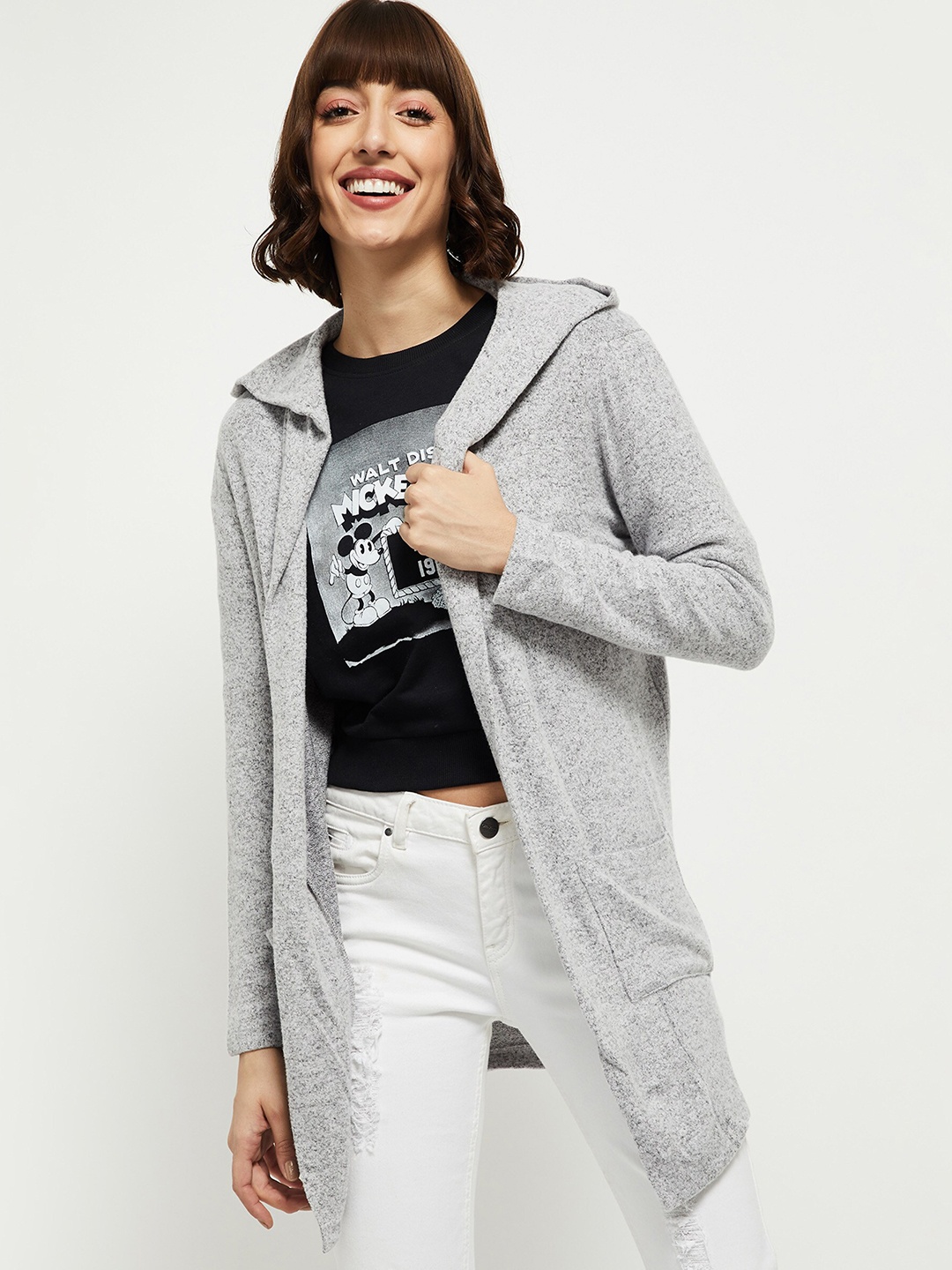 max Women Grey Melange Hooded Longline Shrug