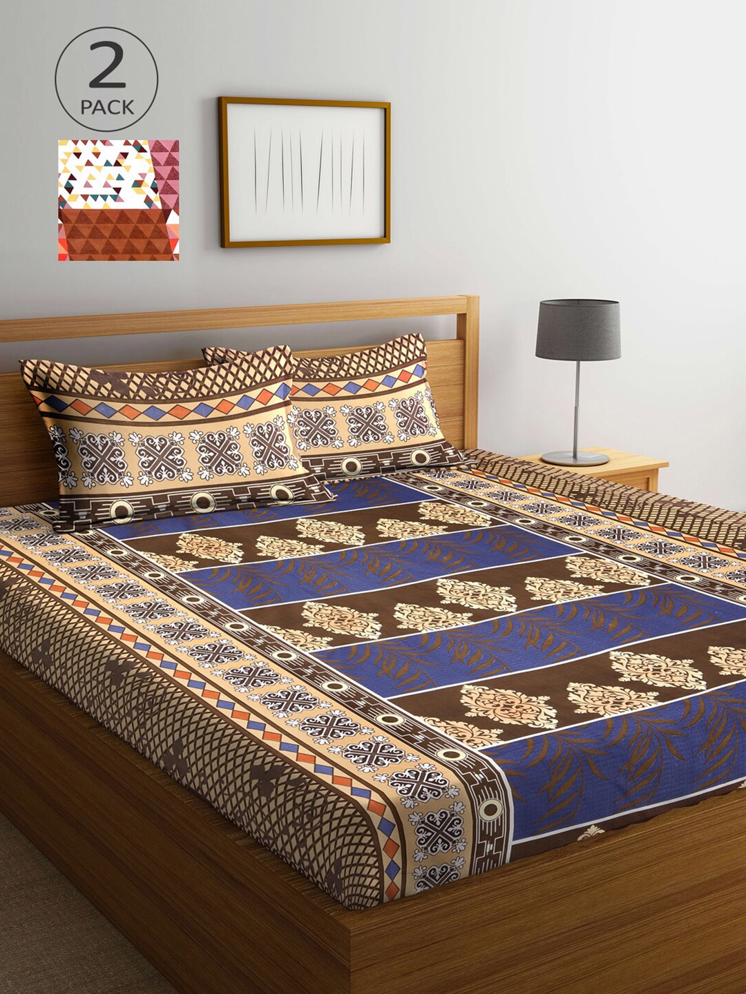 Arrabi Blue & Brown Geometric 300 TC 2 King-Size Bedsheet with 4 Pillow Covers