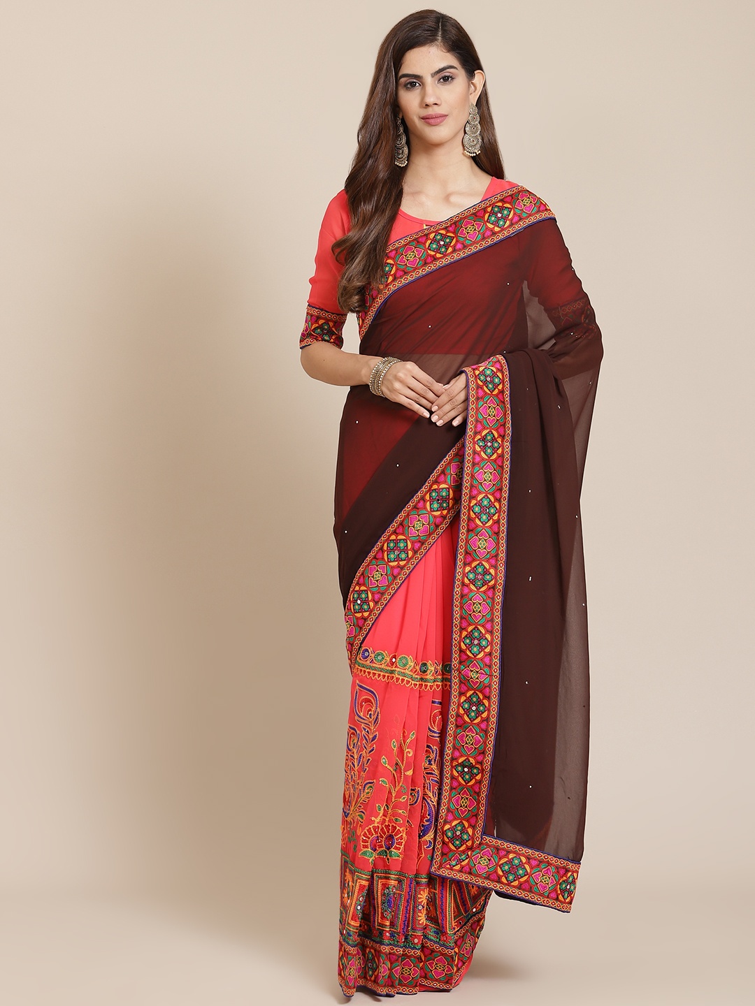 SERONA FABRICS Brown & Pink Embellished Embroidered Pure Georgette Half and Half Saree
SERONA FABRICS Brown & Pink Embellished Embroidered Pure Georgette Half and Half Saree