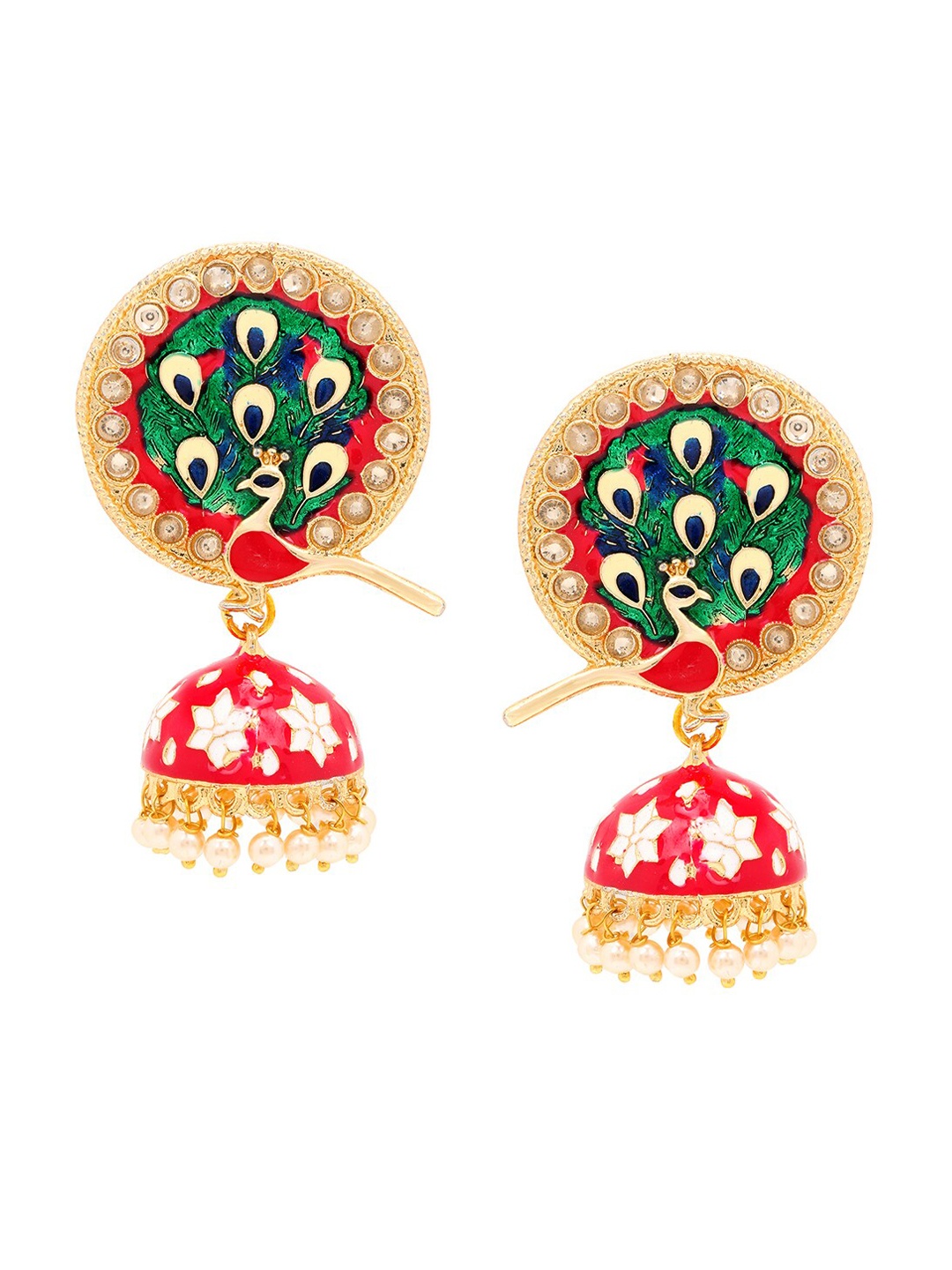 ASMITTA JEWELLERY Red & Green Enamelled & Stones Studded Dome Shaped Jhumkas Earrings
ASMITTA JEWELLERY Red & Green Enamelled & Stones Studded Dome Shaped Jhumkas Earrings