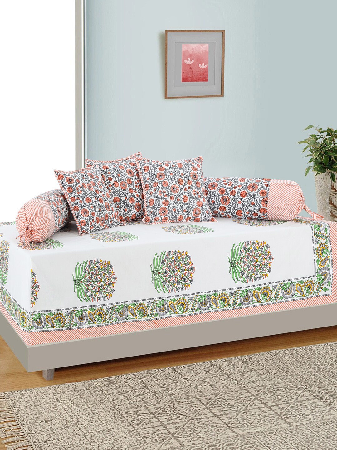 Salona Bichona Set Of 6 White & Orange Floral Printed Pure Cotton 144TC Bedsheet With Bolster & Cushion Covers
Salona Bichona Set Of 6 White & Orange Floral Printed Pure Cotton 144TC Bedsheet With Bolster & Cushion Covers