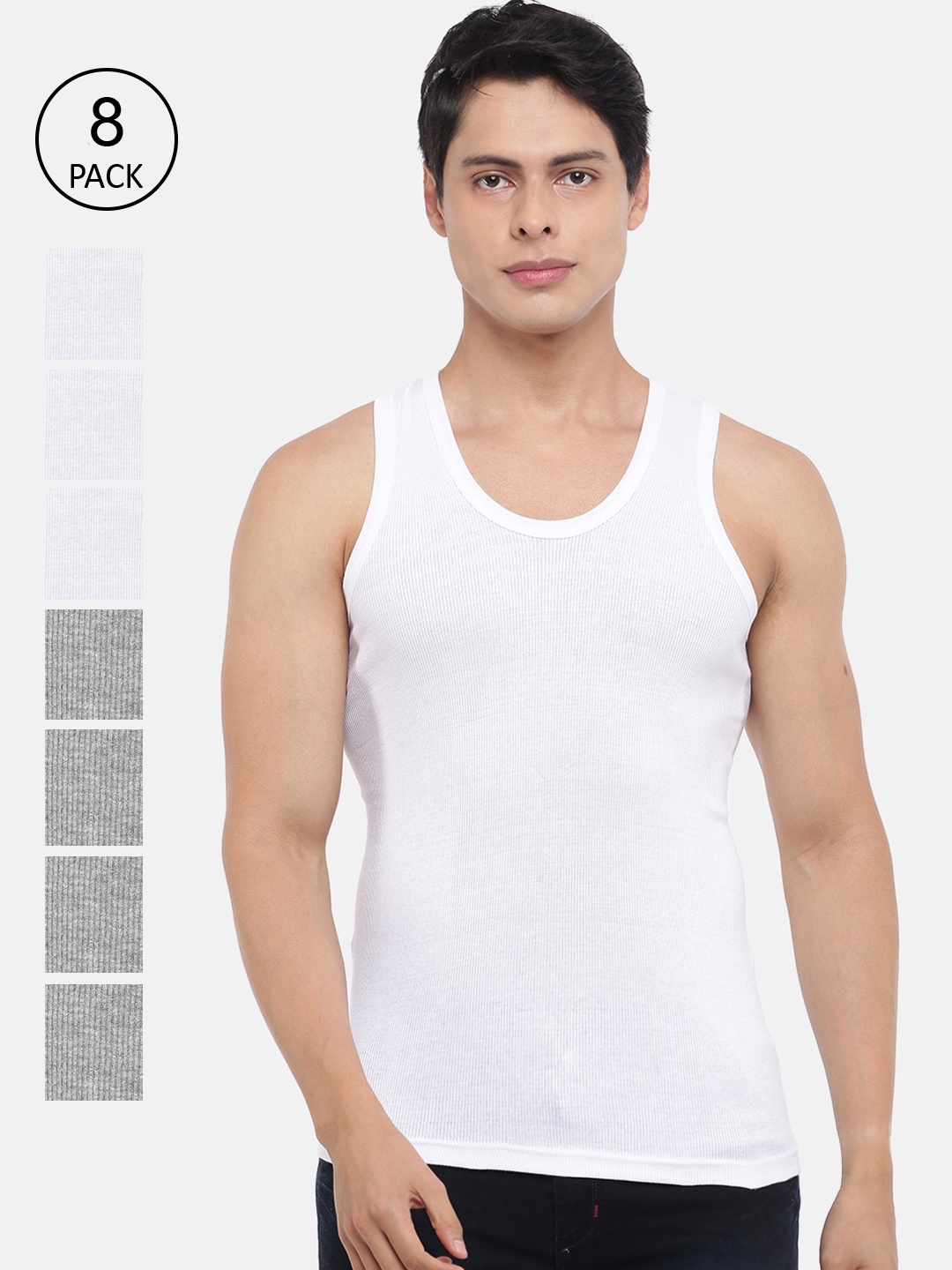 Dollar Bigboss Men Solid Pack of 8 Cotton Vests MBVE-06-R2-DERBY-WHT-GM-PO8, White
Dollar Bigboss Men Solid Pack of 8 Cotton Vests MBVE-06-R2-DERBY-WHT-GM-PO8, White