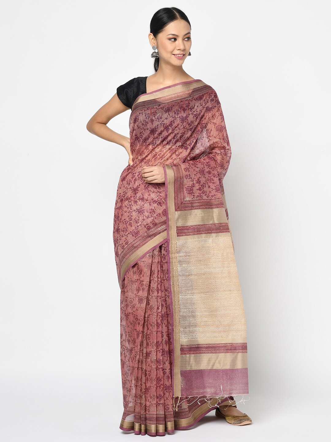 Fabindia Pink & Gold-Toned Floral Block Print Saree