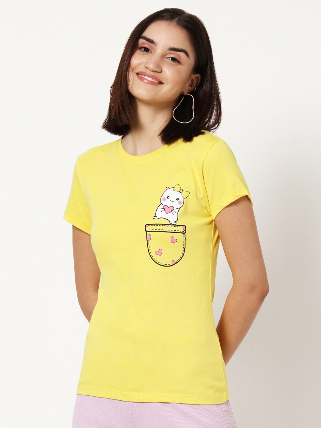Bewakoof Women Yellow & White Cute Heart Print T-shirt