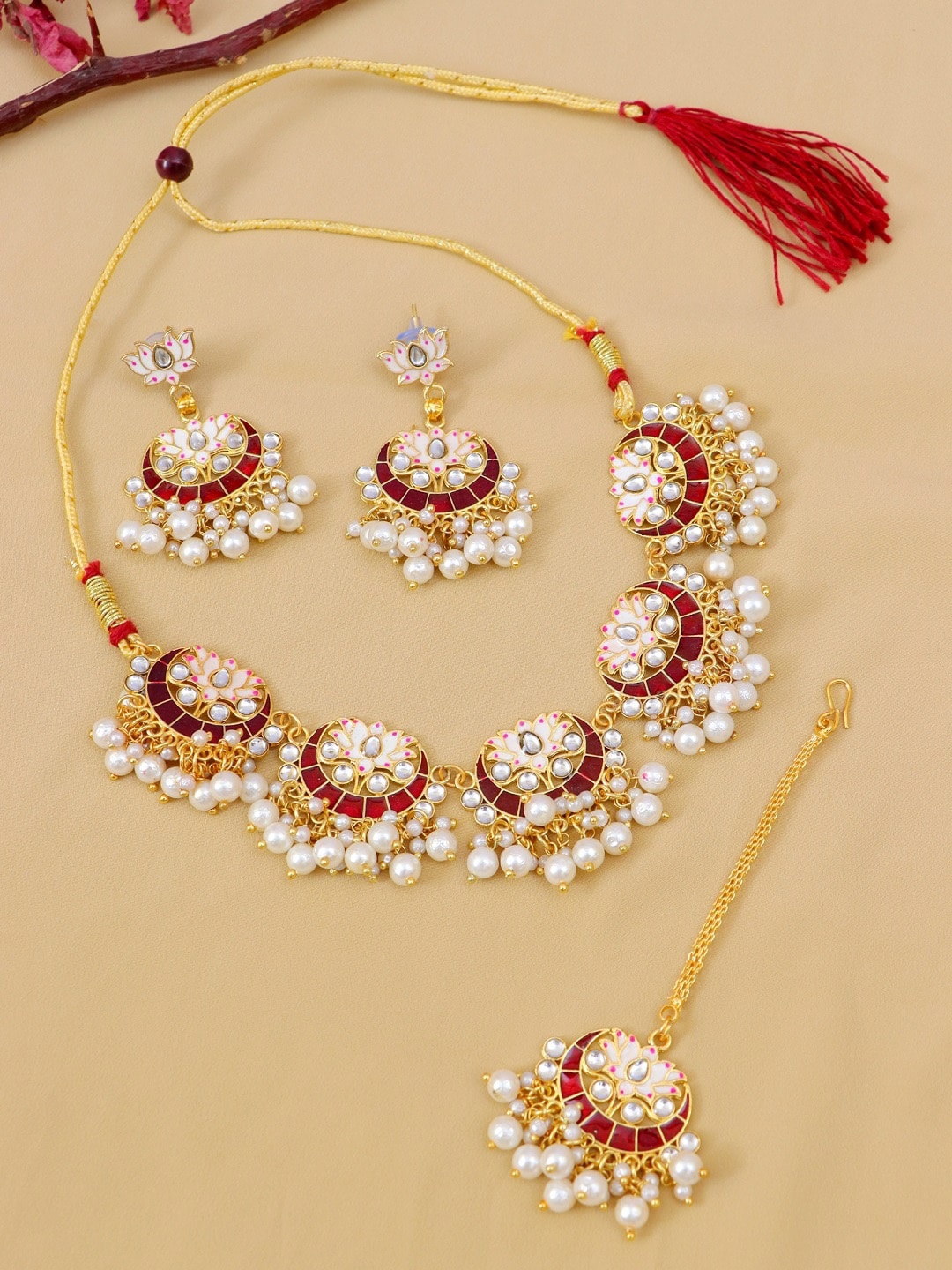Crunchy Fashion Gold-Plated Maroon & White Stone-Studded & Beaded Meenakari Jewellery Set
Crunchy Fashion Gold-Plated Maroon & White Stone-Studded & Beaded Meenakari Jewellery Set