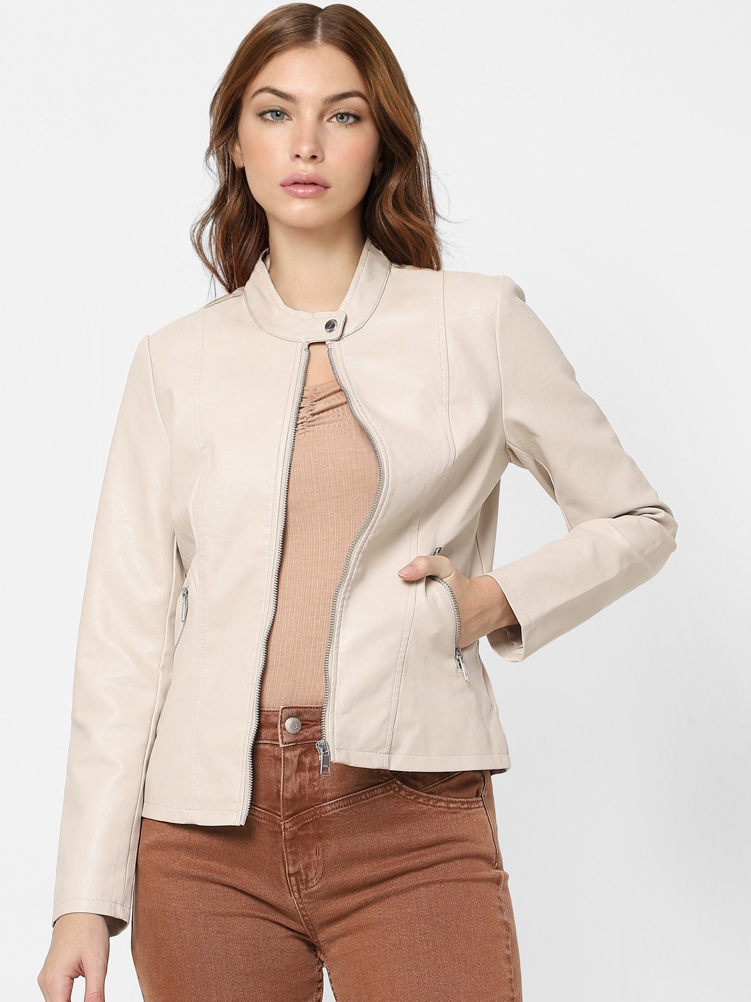 ONLY Women Beige Crop Leather Jacket