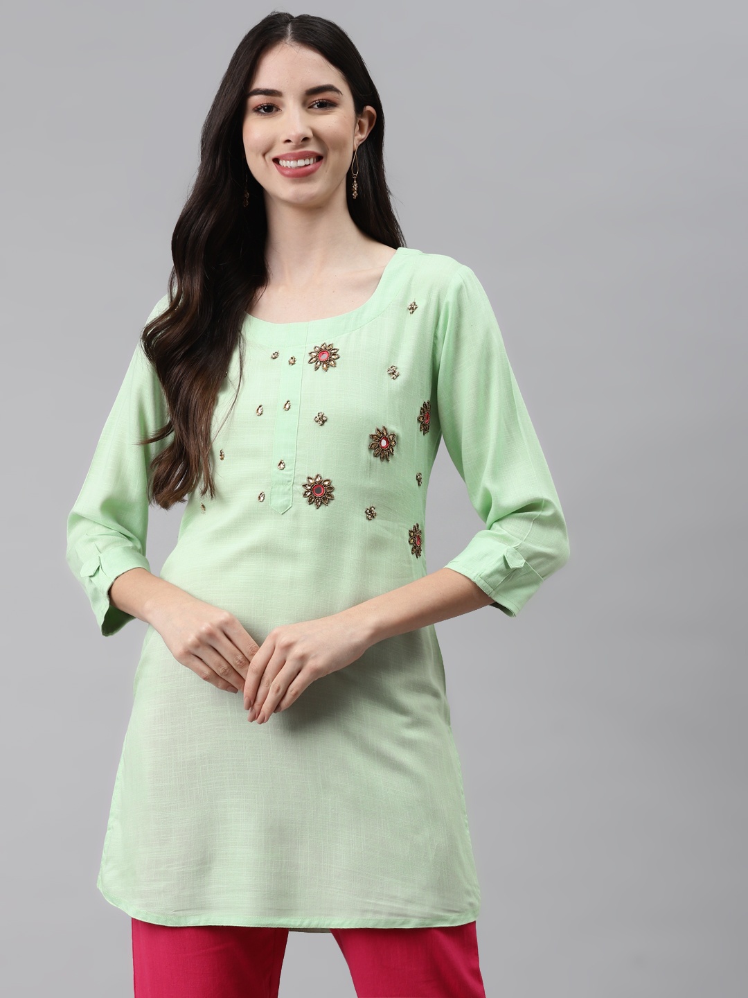 HIGHLIGHT FASHION EXPORT Green Embellished Regular Top