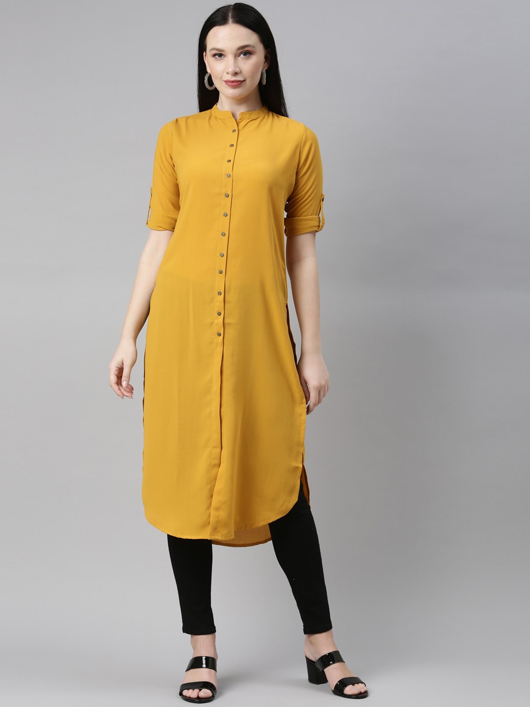 Neerus Women Mustard Yellow Thread Work Pathani Kurta