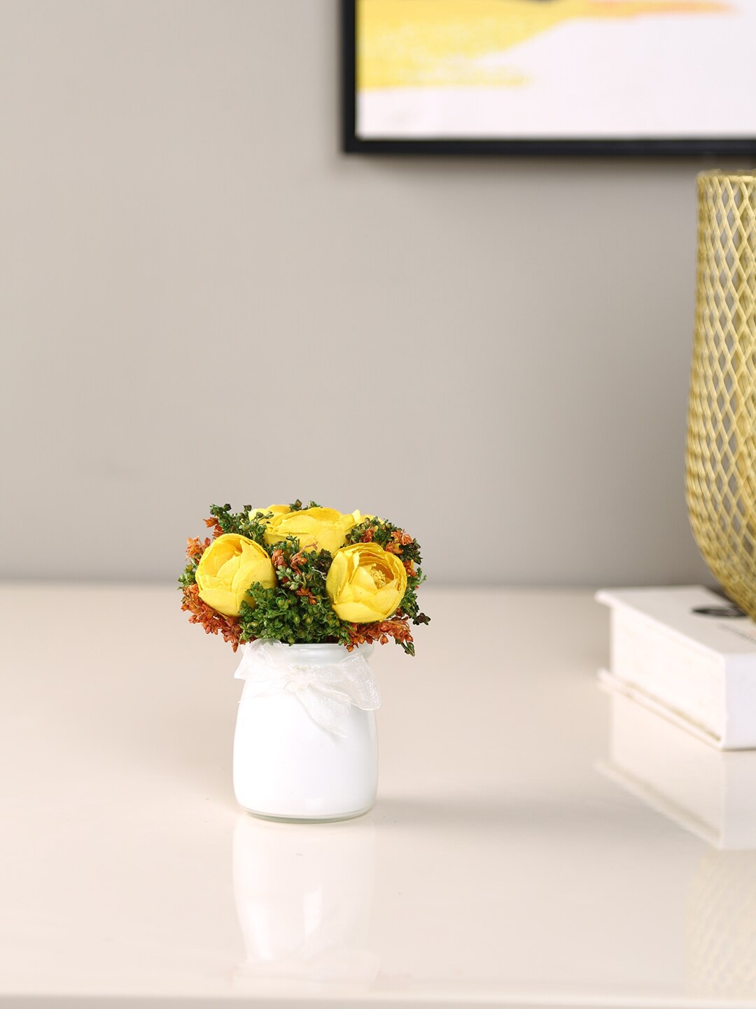 HomeTown Yellow & Green Artificial Flowers With Vase