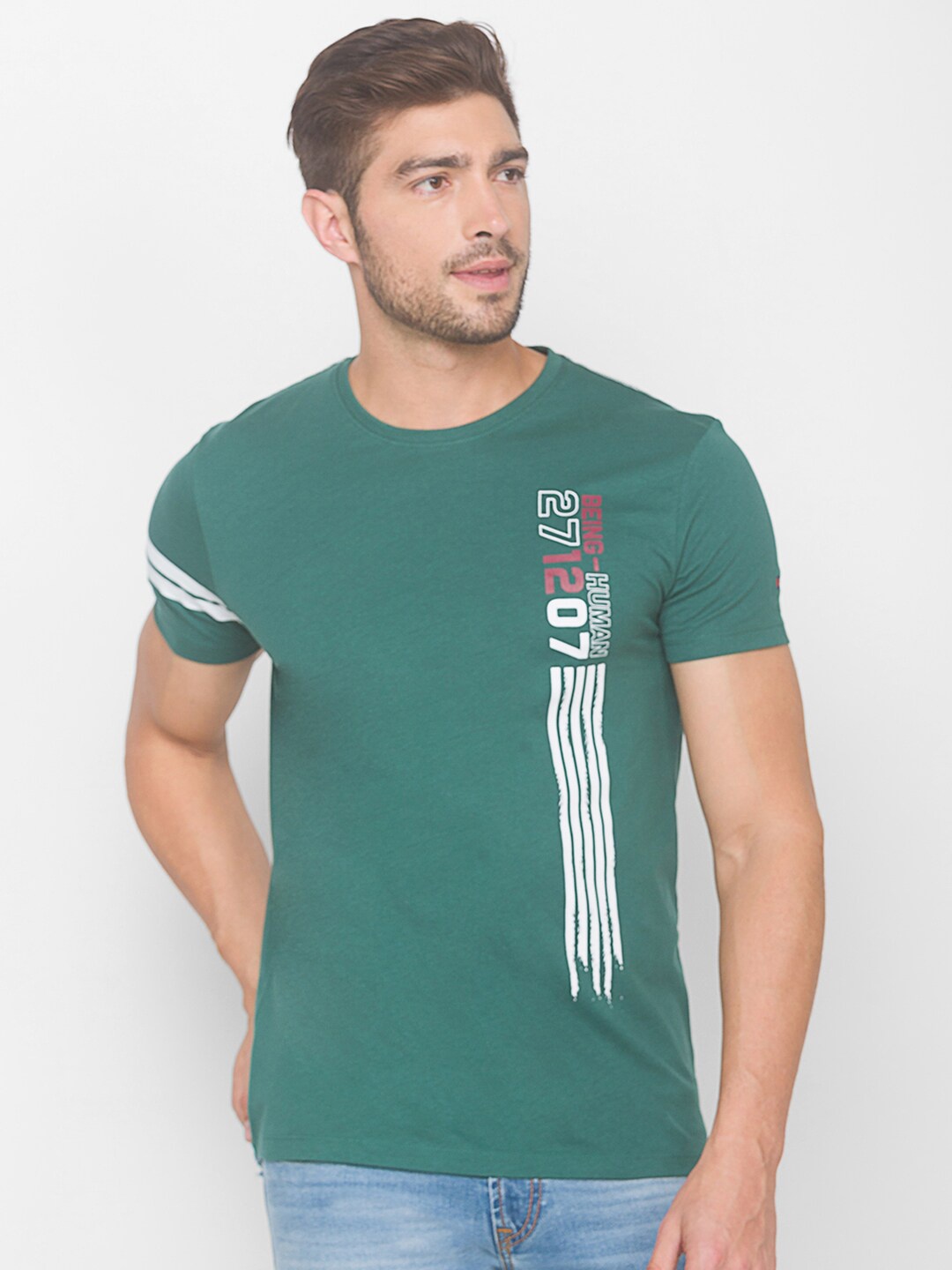 Being Human Men Green Printed Round neck Cotton T-shirt