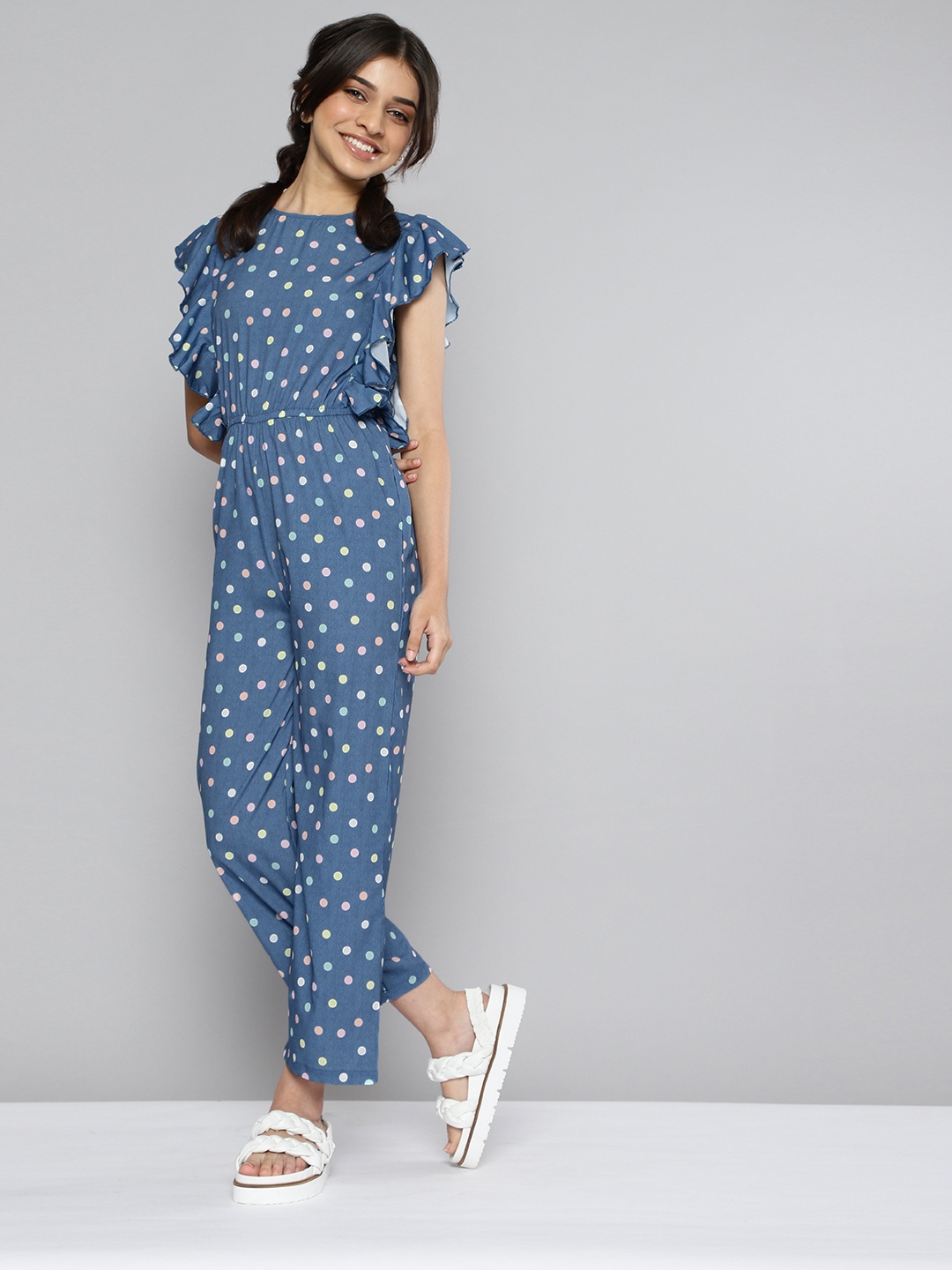 JUSTICE Girls Blue Polka Dot Printed Round Neck Polyester Basic Jumpsuit with Gathers
JUSTICE Girls Blue Polka Dot Printed Round Neck Polyester Basic Jumpsuit with Gathers