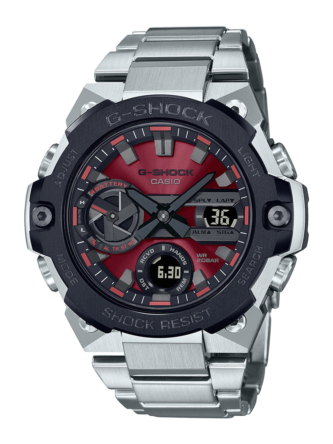 CASIO Men Red Dial & Silver Toned Stainless Steel Bracelet Style Straps Analogue and Digital Solar Powered Watch
CASIO Men Red Dial & Silver Toned Stainless Steel Bracelet Style Straps Analogue and Digital Solar Powered Watch
