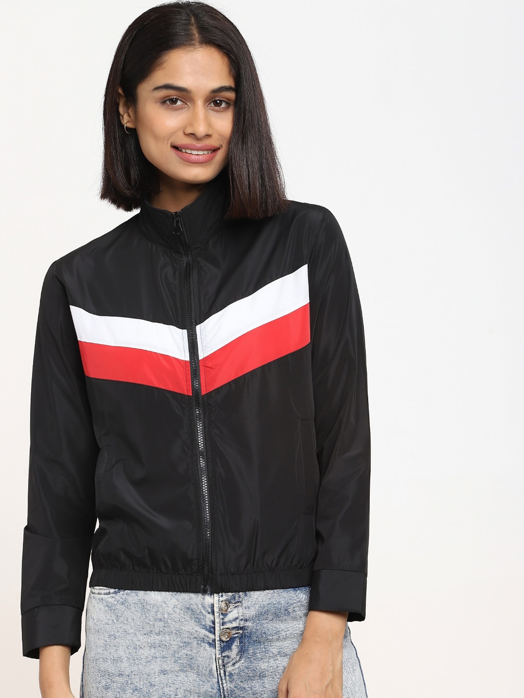 Bewakoof Women Black Striped Patchwork Tailored Jacket