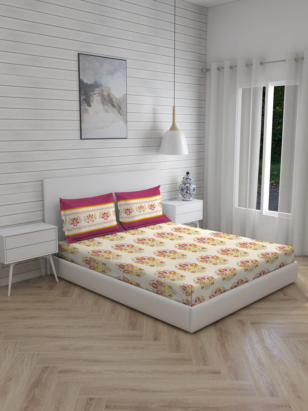 Layers Peach & Yellow Floral Pure Cotton Uphaar 140 TC Queen Bedsheet & 2 Pillow Covers 
Layers Peach & Yellow Floral Pure Cotton Uphaar 140 TC Queen Bedsheet & 2 Pillow Covers