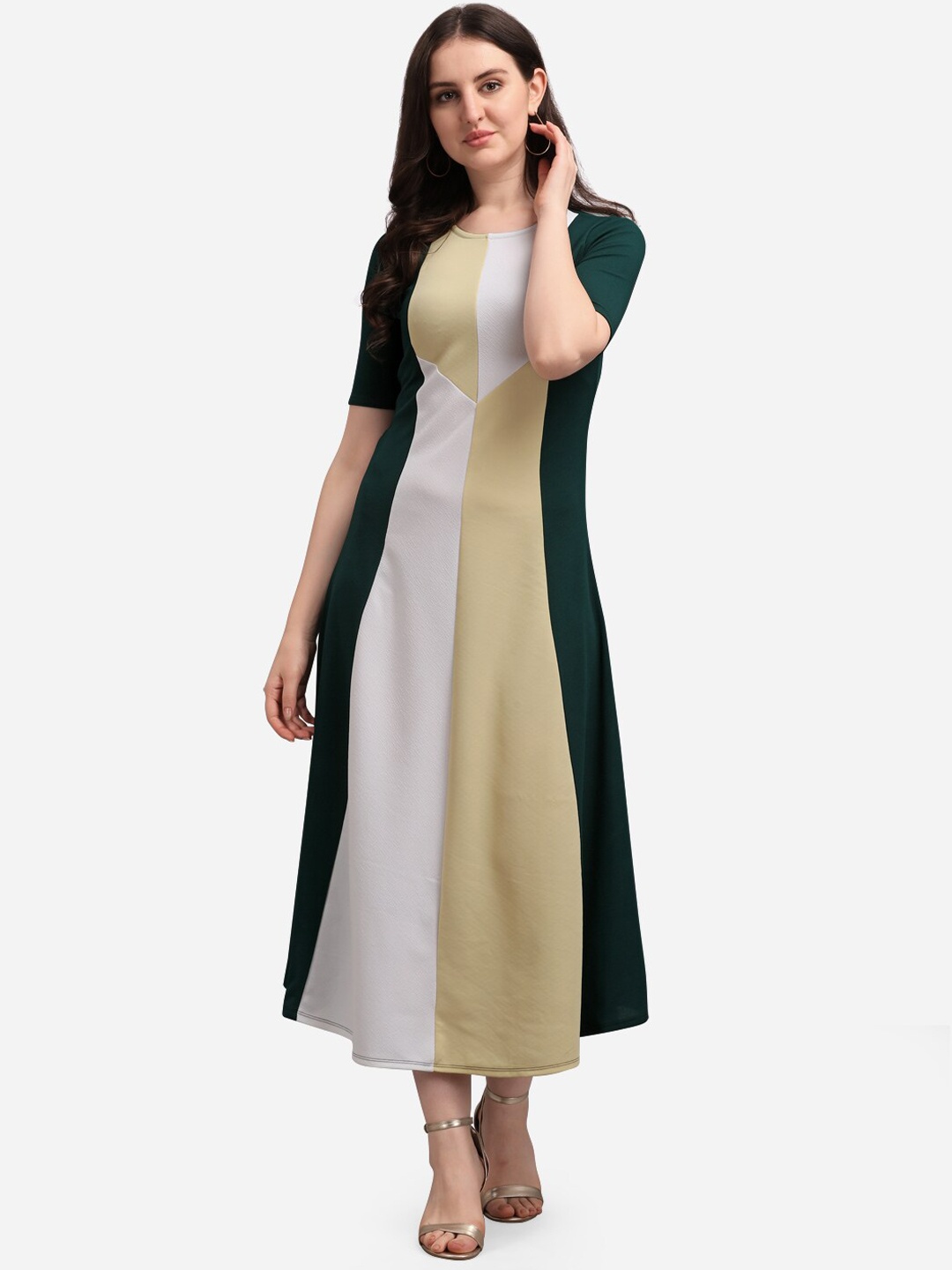 PURVAJA Green & Beige Colourblocked A-Line Midi Dress