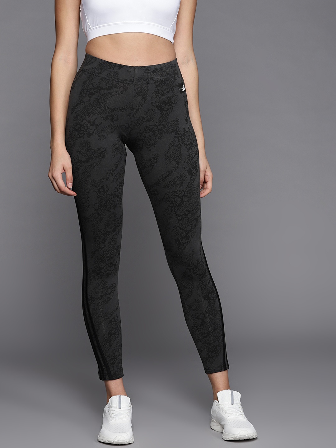 ADIDAS Women Charcoal Grey & Black Printed GFX Sustainable Tights
