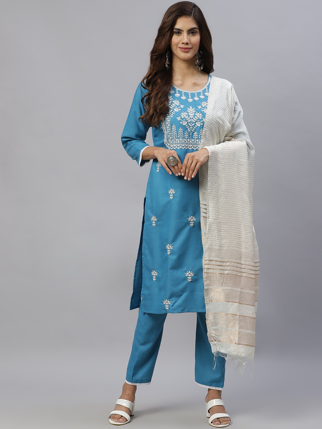 SWAGG INDIA Women Blue Ethnic Motifs Embroidered Regular Kurta with Trousers & With Dupatta