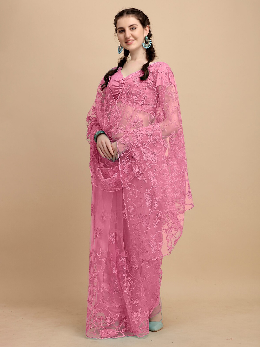 Mitera Rose Floral Embroidered Net Saree