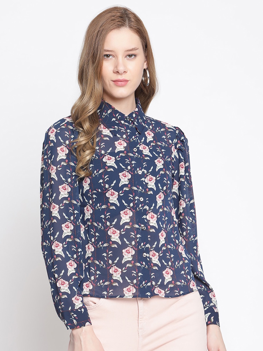 Madame Navy Blue & Pink Floral Shirt Style Top