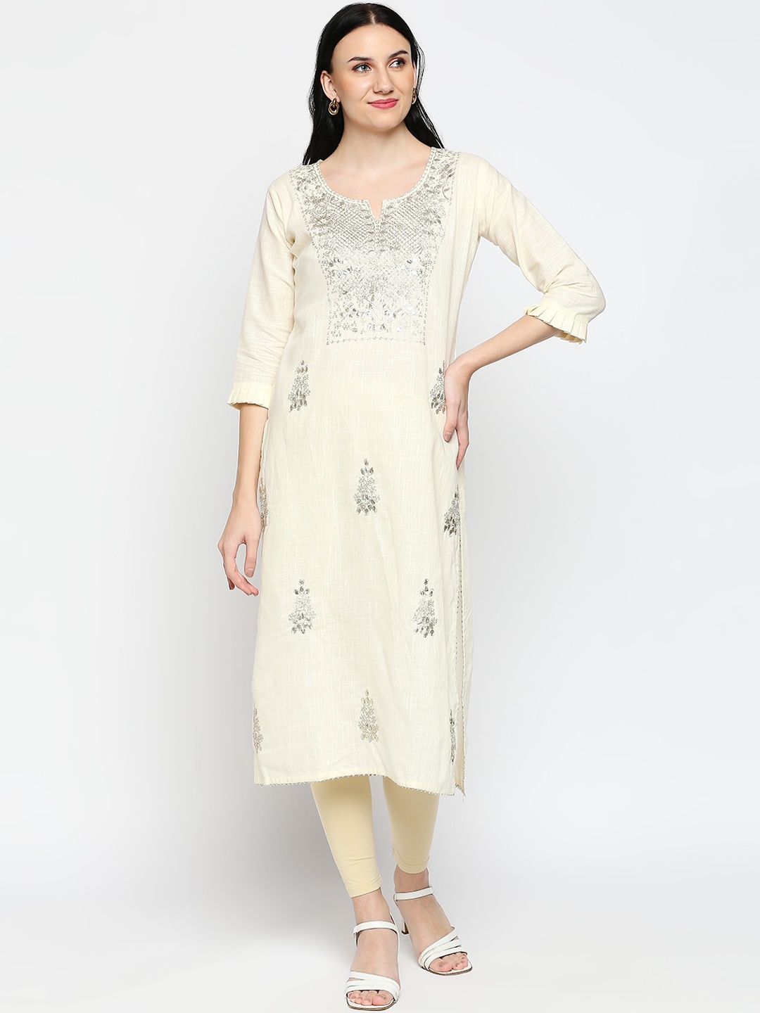 INDYES Women Cream-Coloured Floral Embroidered Floral Kurta