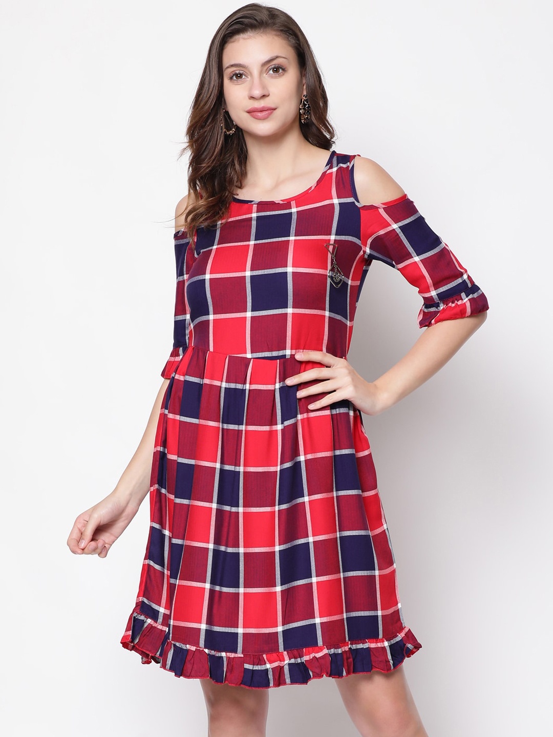 V2 Value & Variety Red & Navy Blue Checked Dress