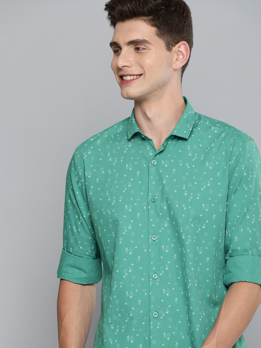 Mast & Harbour Men Teal Green Slim Fit Printed Pure Cotton Casual Shirt