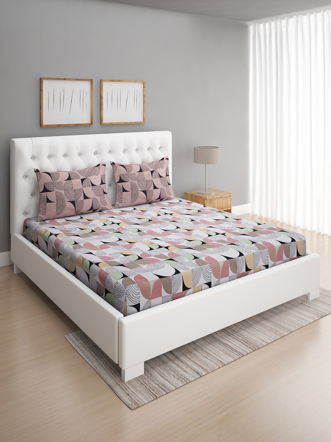 ROMEE Multicoloured Geometric Printed 144 TC Cotton Queen Bedsheet with 2 Pillow Covers, Multi
ROMEE Multicoloured Geometric Printed 144 TC Cotton Queen Bedsheet with 2 Pillow Covers, Multi