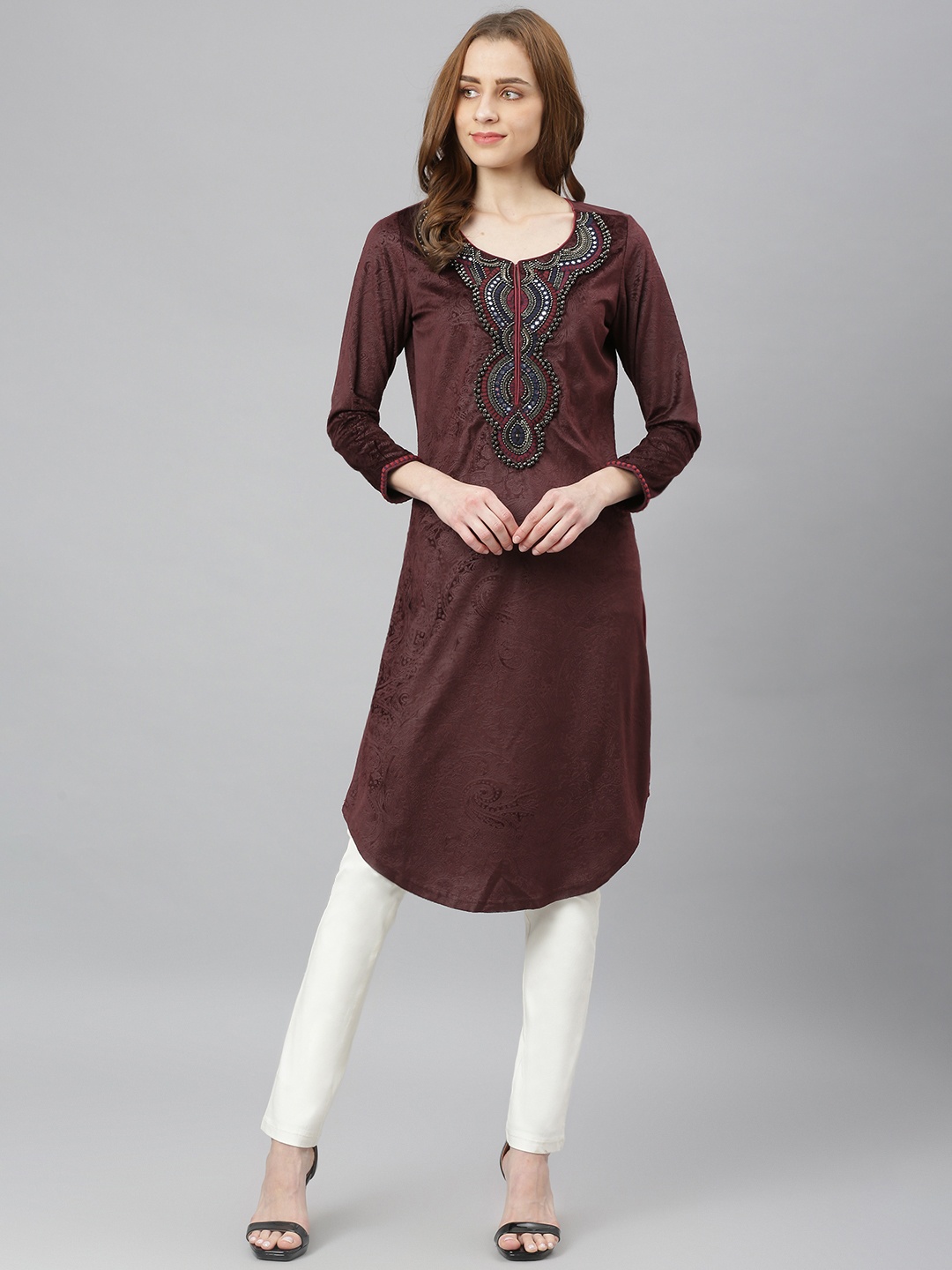 Lakshita Women Maroon Floral Embroidered Kurta