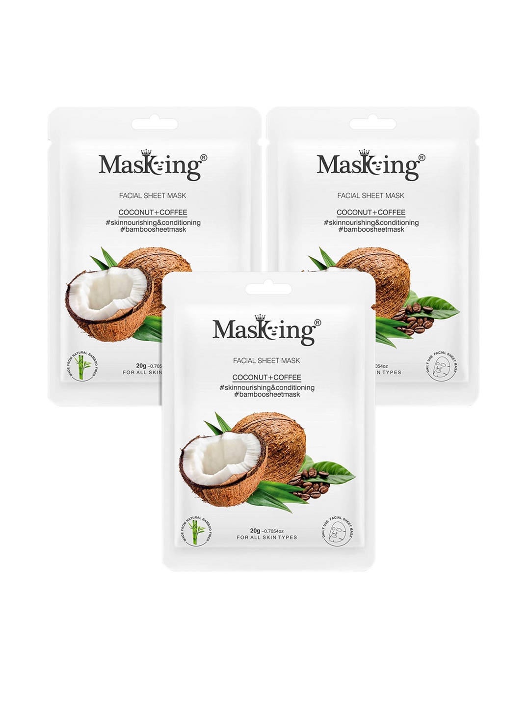MasKing Unisex Pack Of 3 Coconut & Coffee Bamboo Facial Sheet Masks - 60 ml, Coffee brown
MasKing Unisex Pack Of 3 Coconut & Coffee Bamboo Facial Sheet Masks - 60 ml, Coffee brown