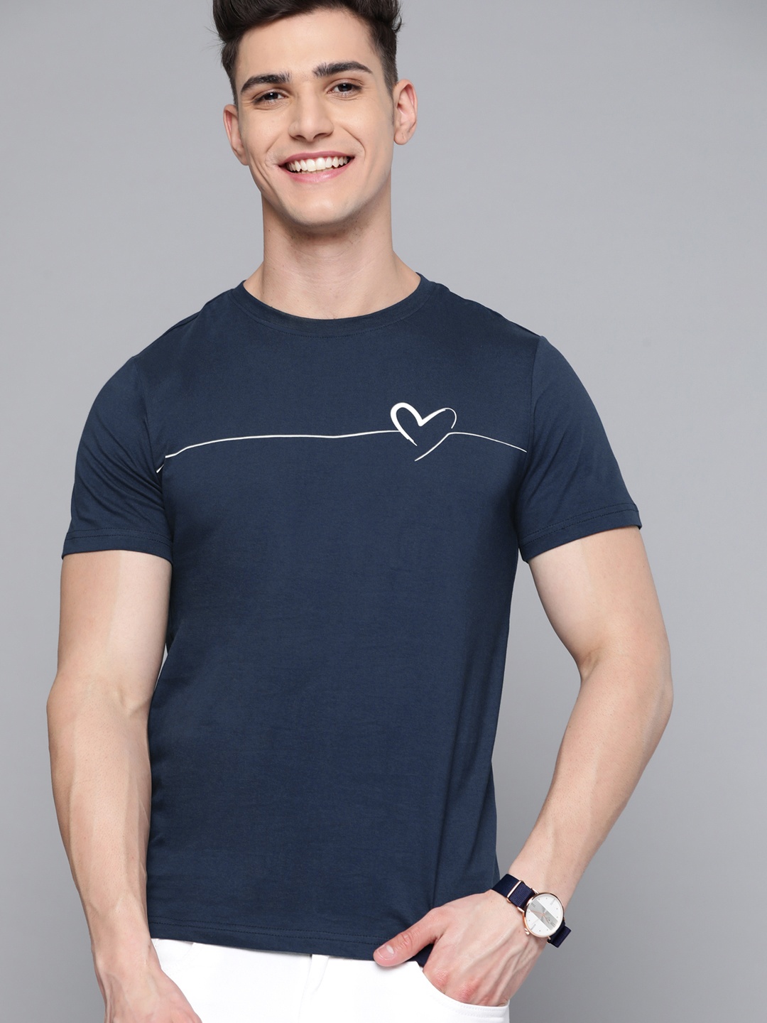 Mast & Harbour Men Navy Blue Printed Pure Cotton T-shirt