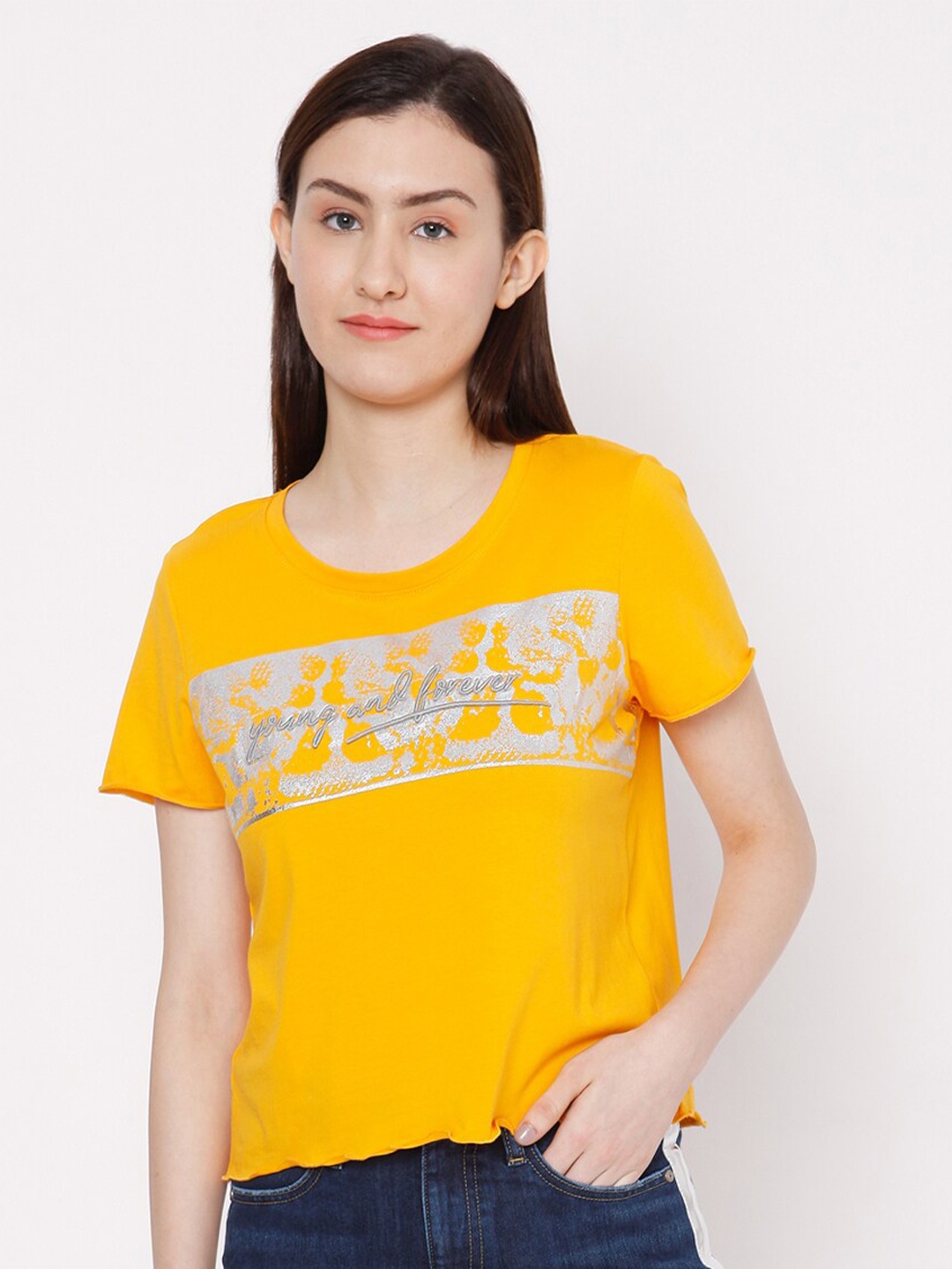 SPYKAR Women Yellow Typography Printed Applique T-shirt