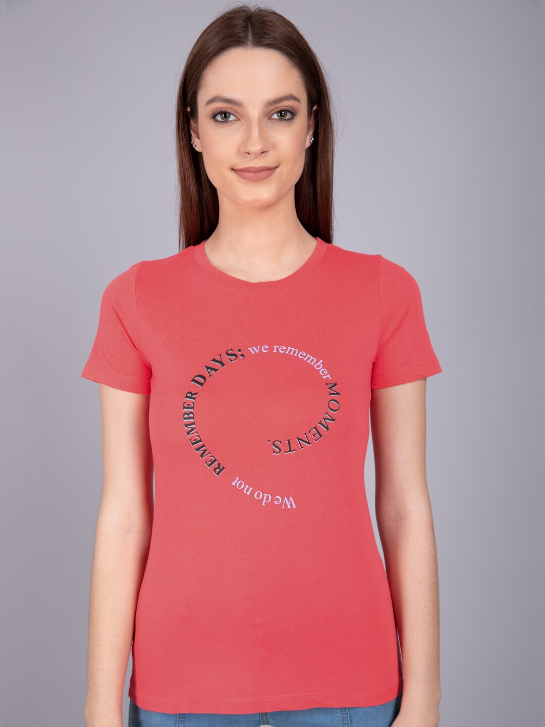 Madame Women Coral & Black Printed Round neck Regular Top